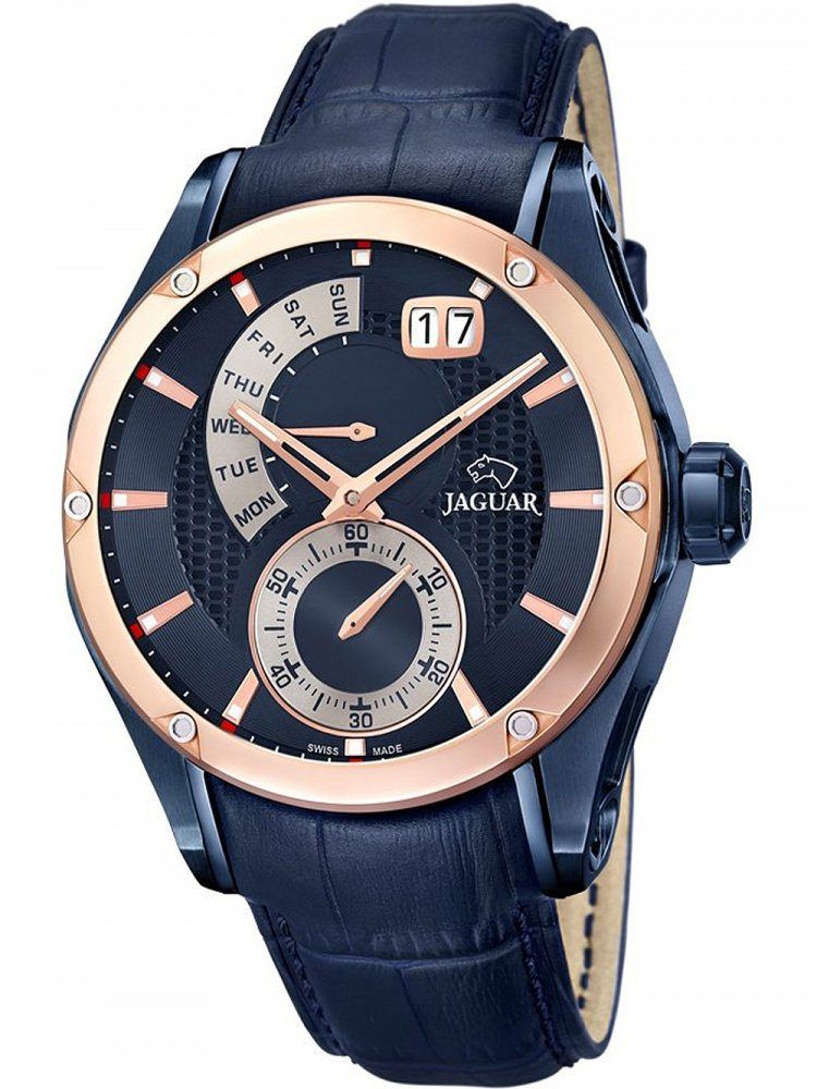 J815/A Quarzuhr Uhr Armbanduhr Herren Lederarmband rund, Fashion Jaguar JAGUAR Wochentag blau, Fashion, Herren Leder,