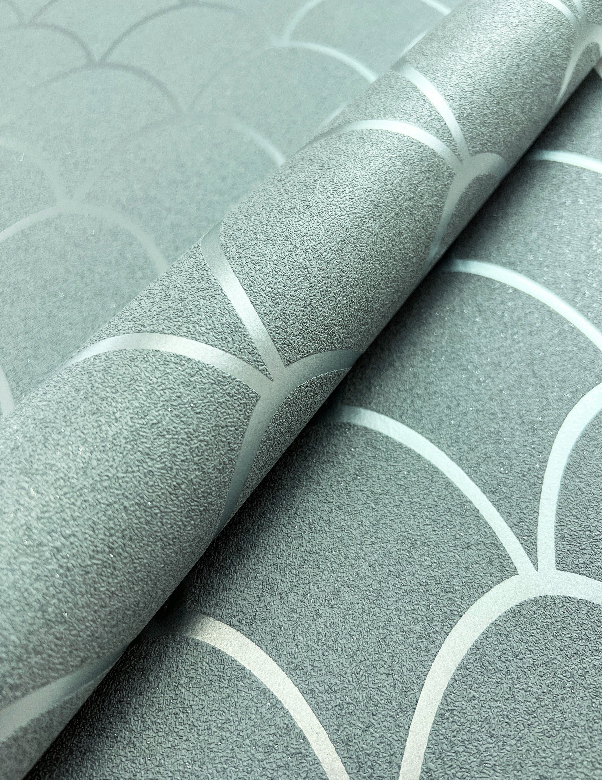 Newroom Vliestapete, Grau Tapete Modern Fischschuppen - Retro Metallic Grün günstig online kaufen
