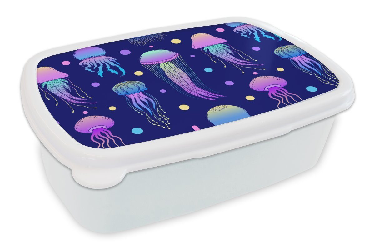 MuchoWow Lunchbox Quallen - Muster - Meerestiere - Neon, Kunststoff, (2-tlg), Brotbox für Kinder und Erwachsene, Brotdose, für Jungs und Mädchen weiß