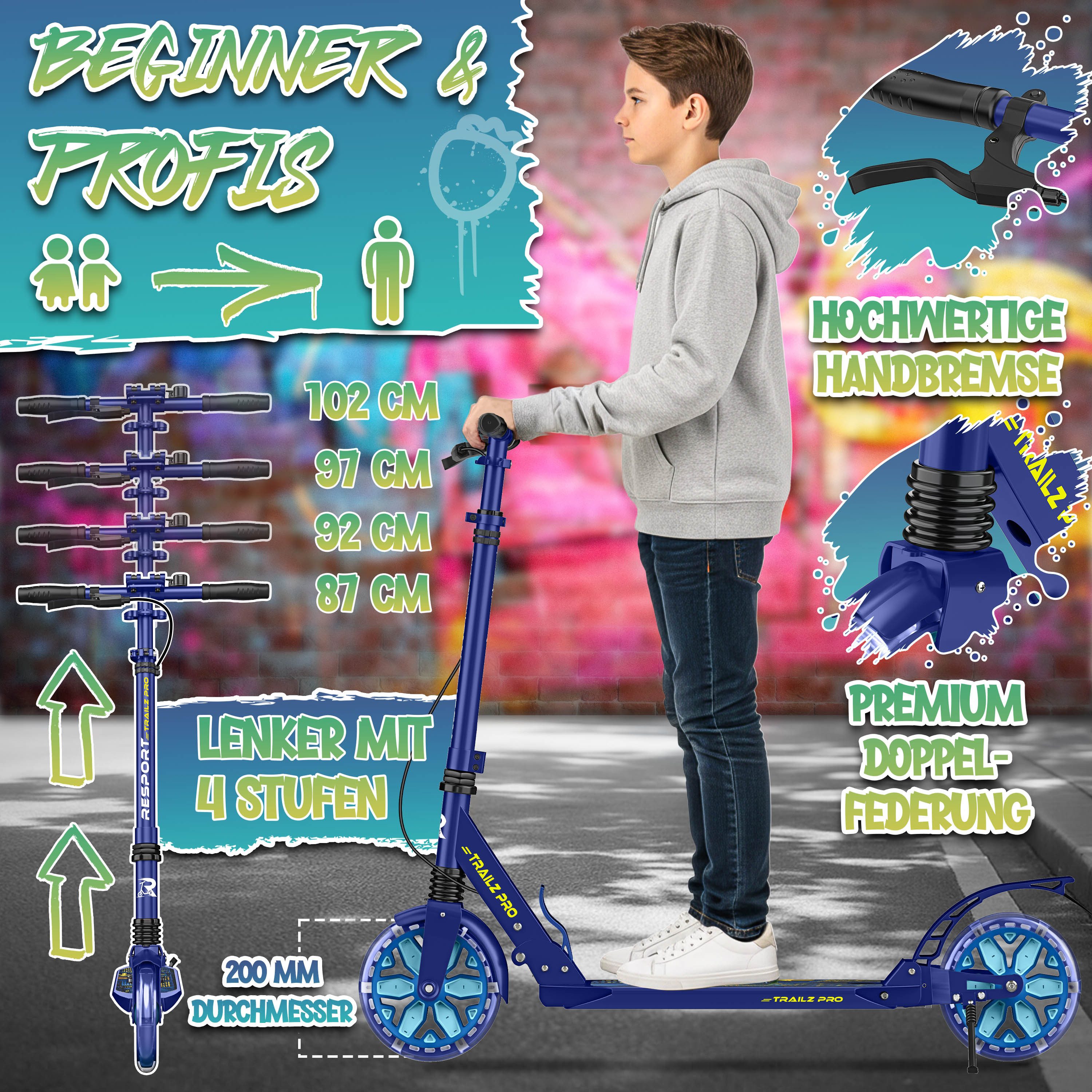 RE:SPORT Cityroller RE:SPORT® Trailz Pro Cityroller Scooter inkl. Tragegurt und Klingel, (Scooter höhenverstellbar & klappbar, Kickscooter Tretroller inkl. Hand – Bild 3 von 5