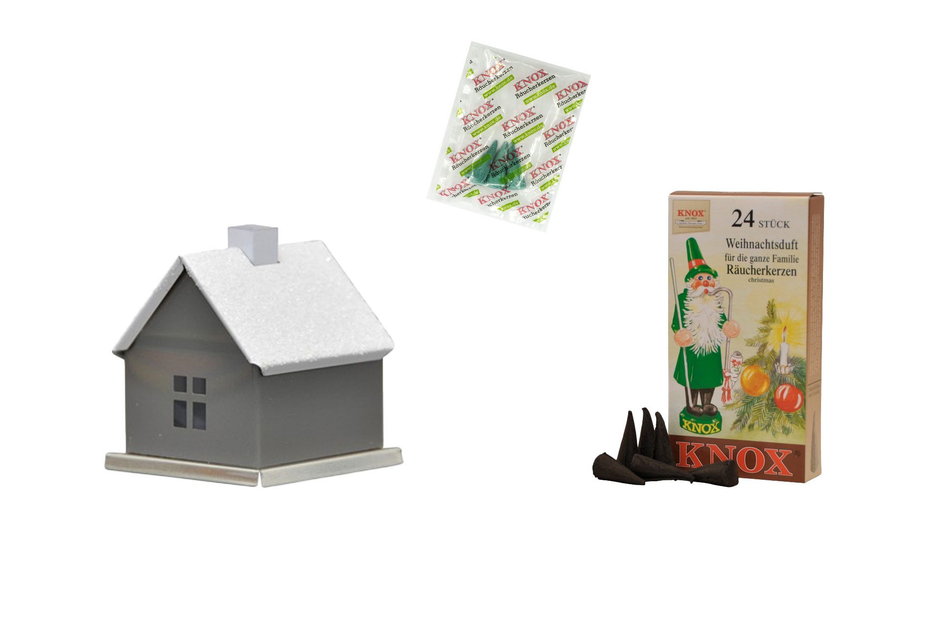 KNOX Räucherhaus Klassisch in Grau - 24 Räucherkerzen "Weihnachtsduft", für winterlichen, klassischen Flair - Made in Germany
