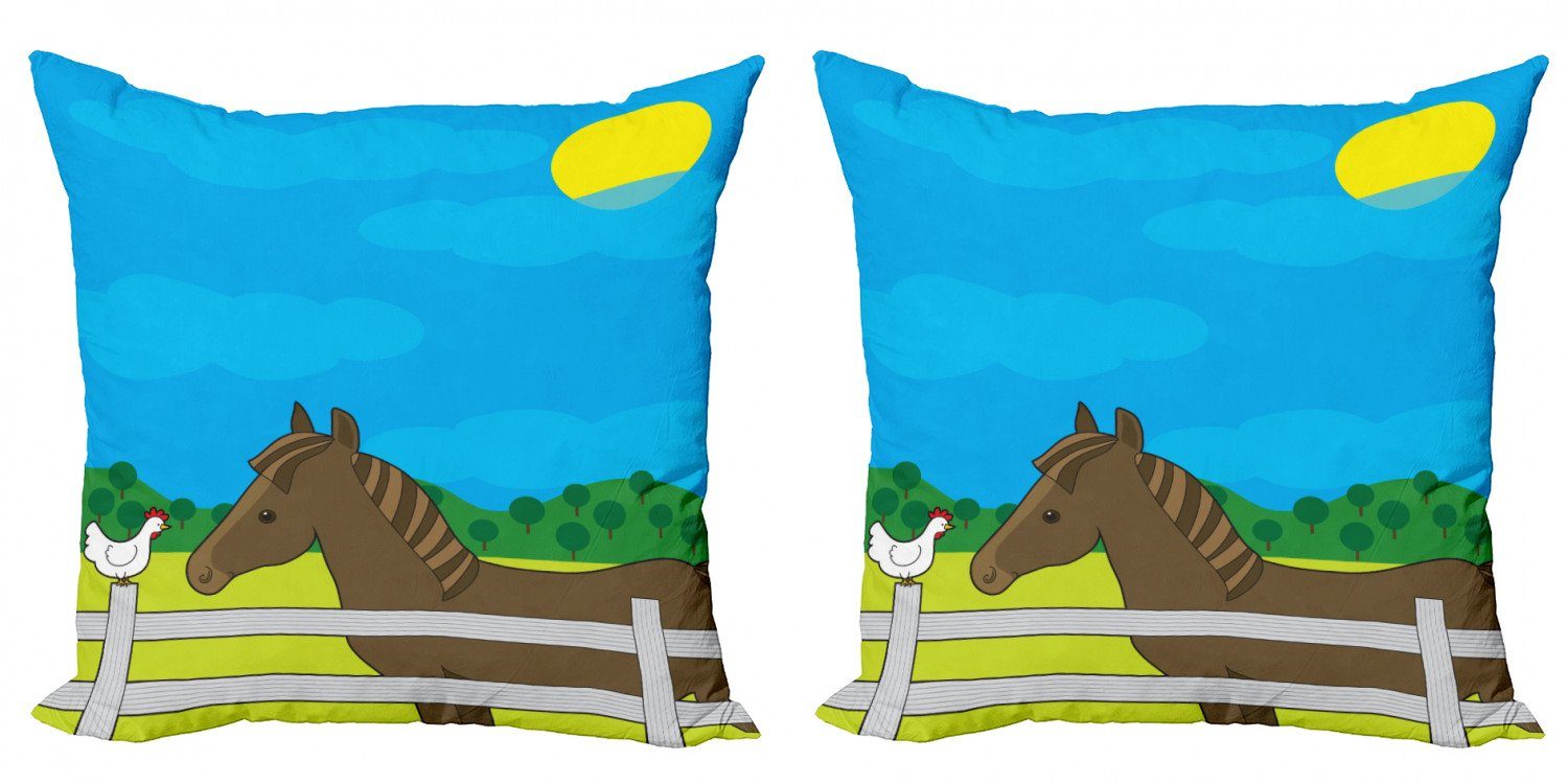Kissenbezüge Modern Accent Doppelseitiger Digitaldruck, Abakuhaus (2 Stück), Pony Bauernhof-Pferd und Huhn-Karikatur