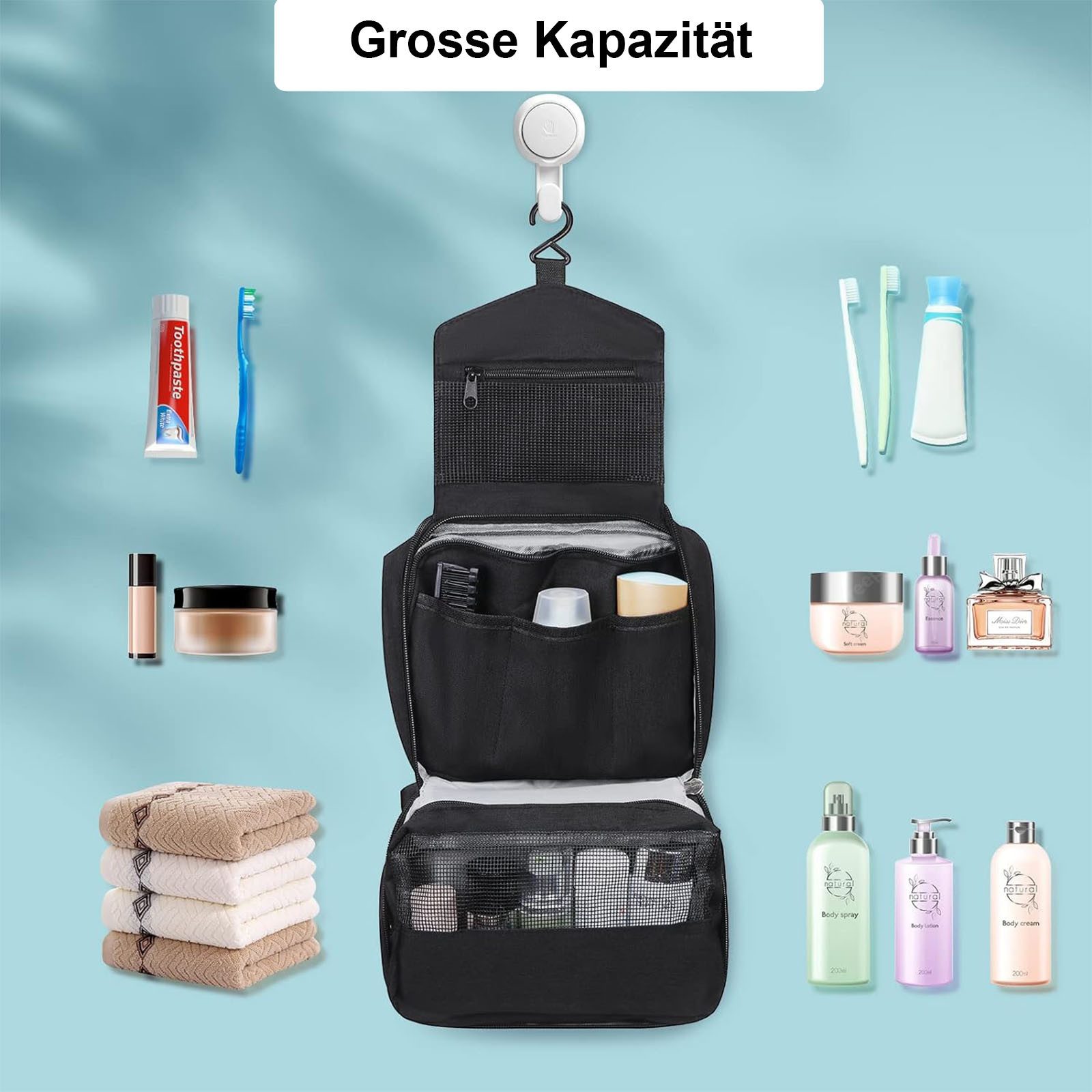 HAUSS SPOLE Kulturbeutel Kulturtasche Kosmetiktasche Zum Aufhängen mit Kordelzug, 2 in 3 (mit Griff & Haken, faltbar, Oxford-Gewebe), Als Kosmetiktasche, Kulturbeutel, Reisetasche verwendbar