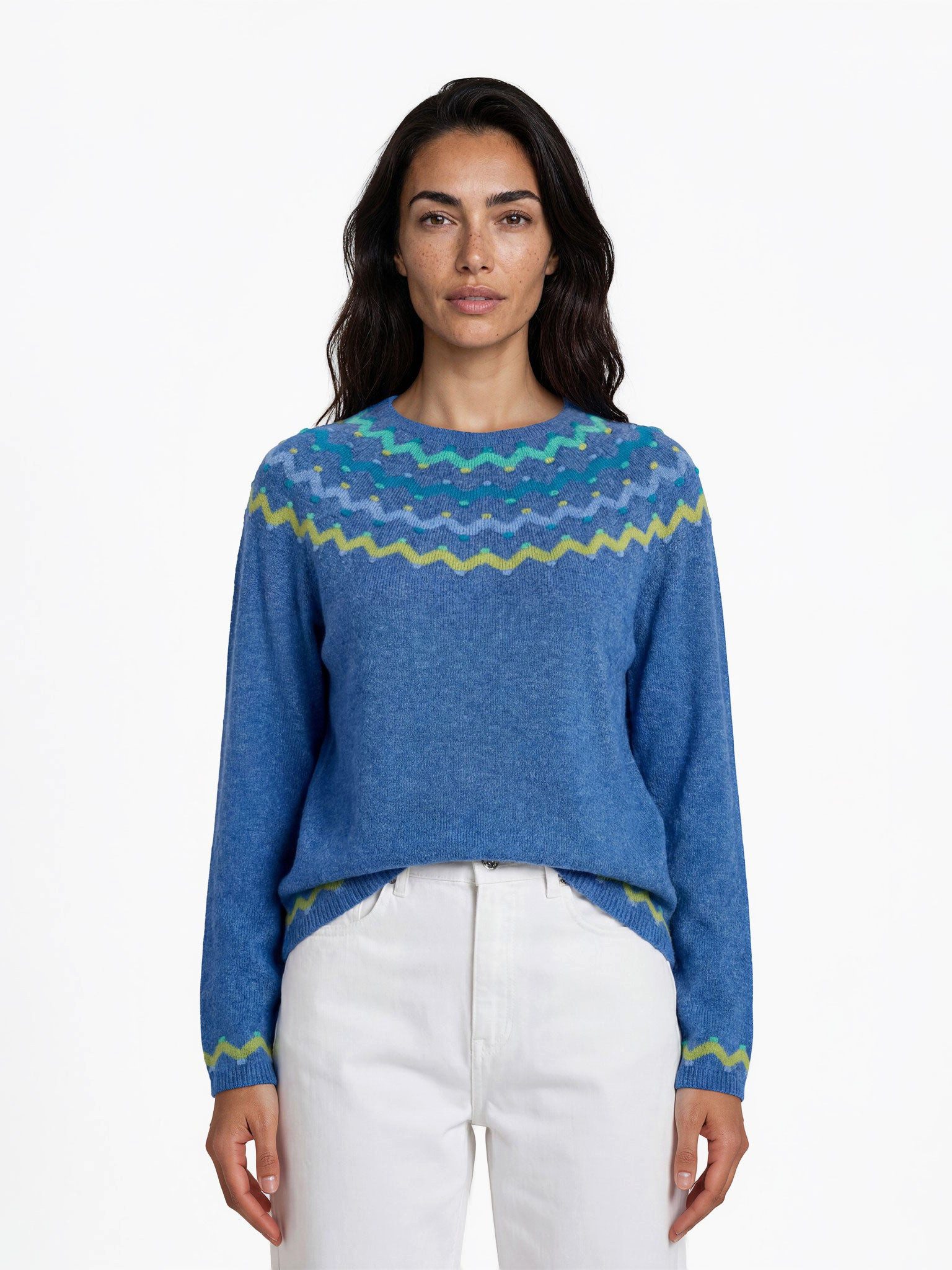 FRISTED Strickpullover Damen Rundhals Lammwolle Jacquard Relaxed Fit Langarm casual Feine Strickqualität mit Zickzack-Details und seitlichen Schlitzen