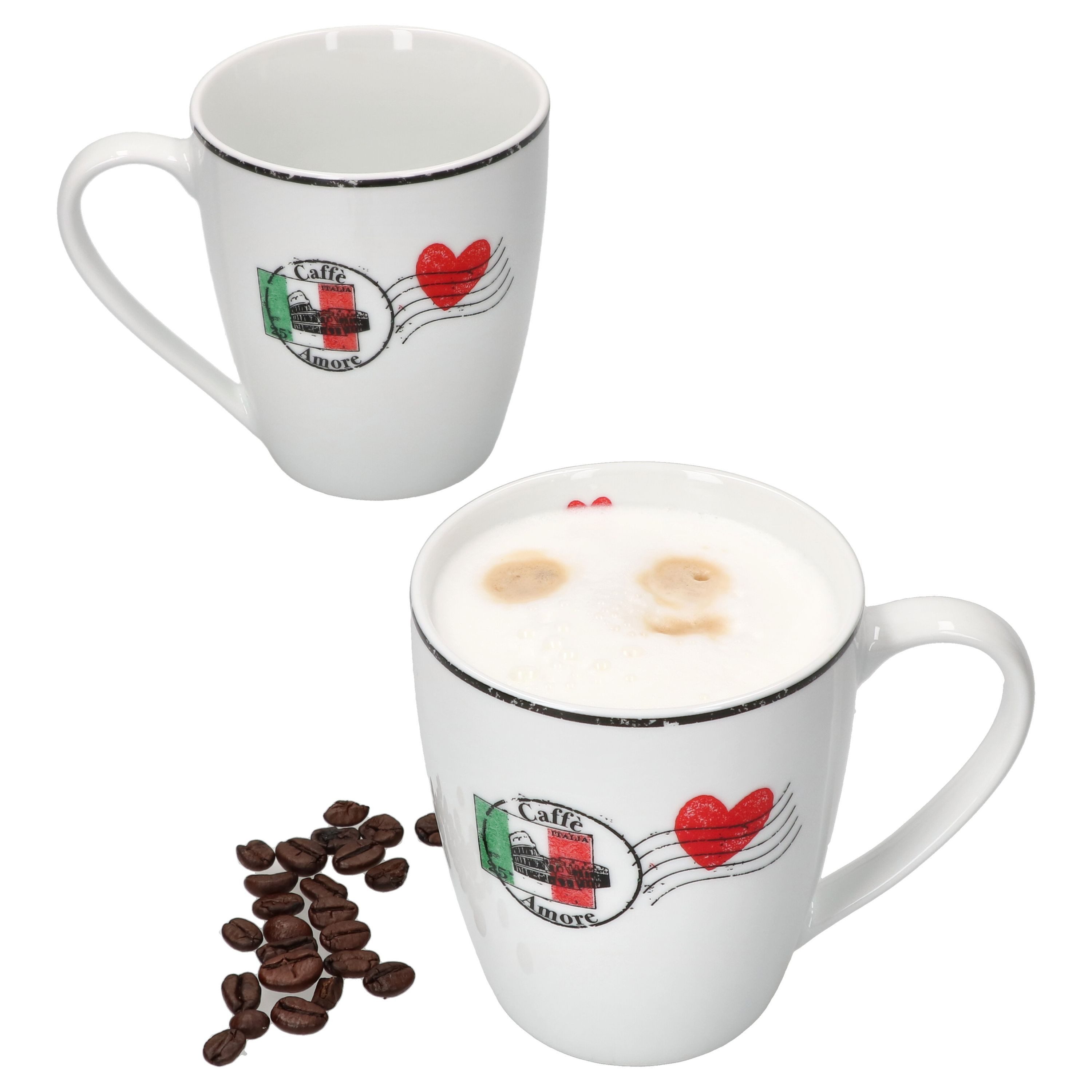 MamboCat Becher 2er Set Caffee Amore Kaffeebecher 300ml Tee-Tasse Pott Herz Kakao, Porzellan