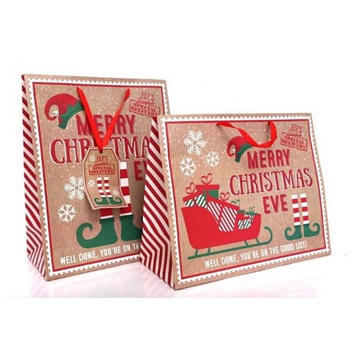 Geschenktüten 2 Weihnachtstüten MERRY CHRISTMAS EVE ca. 27x33cm aus robustem Papier