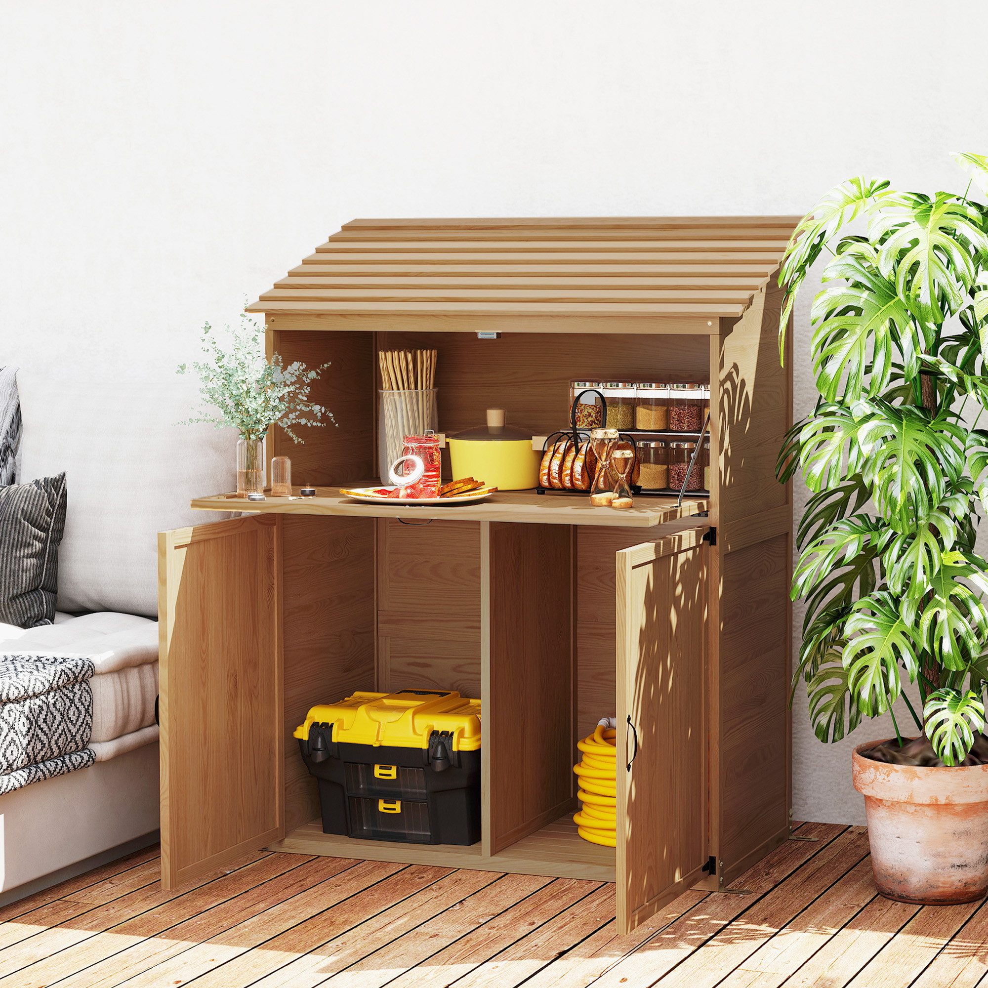 Outsunny Gerätehaus mit Stufen-Pultdach, Ablage, klappbar Tisch, Doppeltüre günstig online kaufen