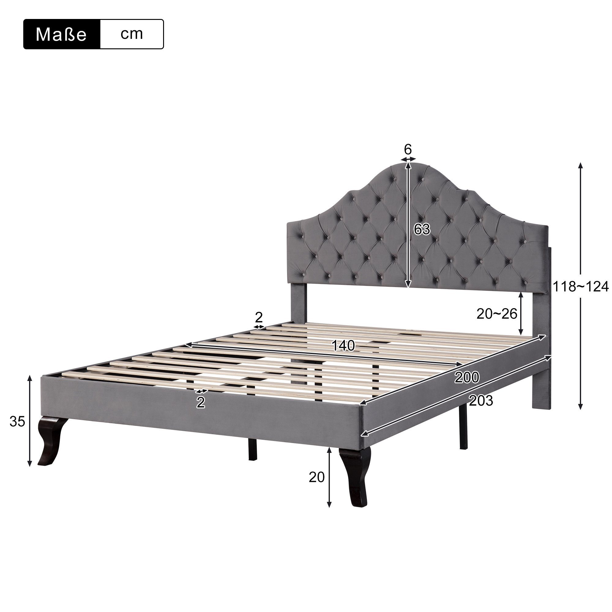Flieks Polsterbett, Samt Doppelbett mit höhenverstellbarem Kopfteil 140x200cm grau
