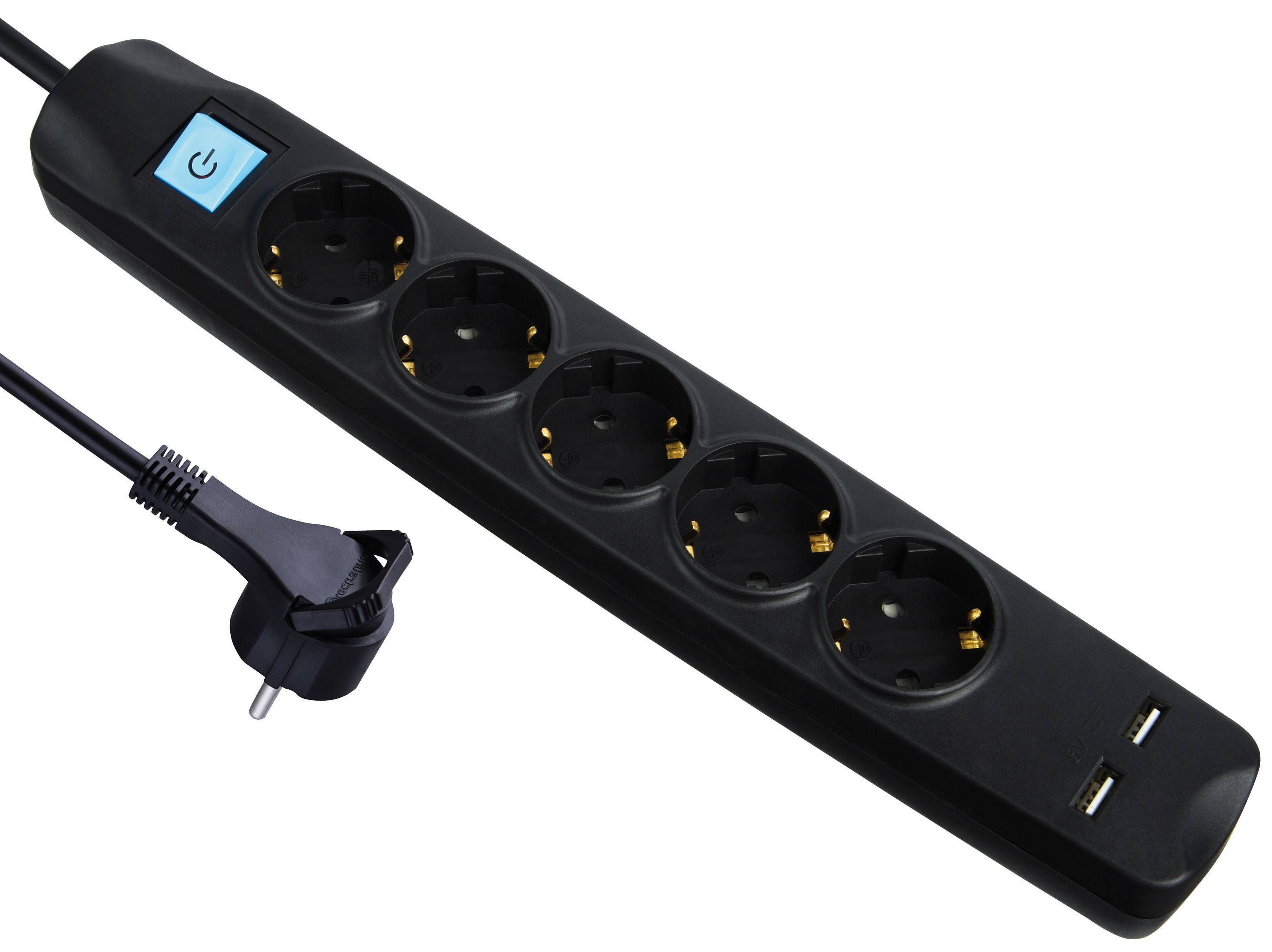 Maxtrack Steckdosenleiste (Kabellänge 3 m), 5-fach Steckdosenleiste mit flachem Stecker, 2xUSB Ladebuchsen