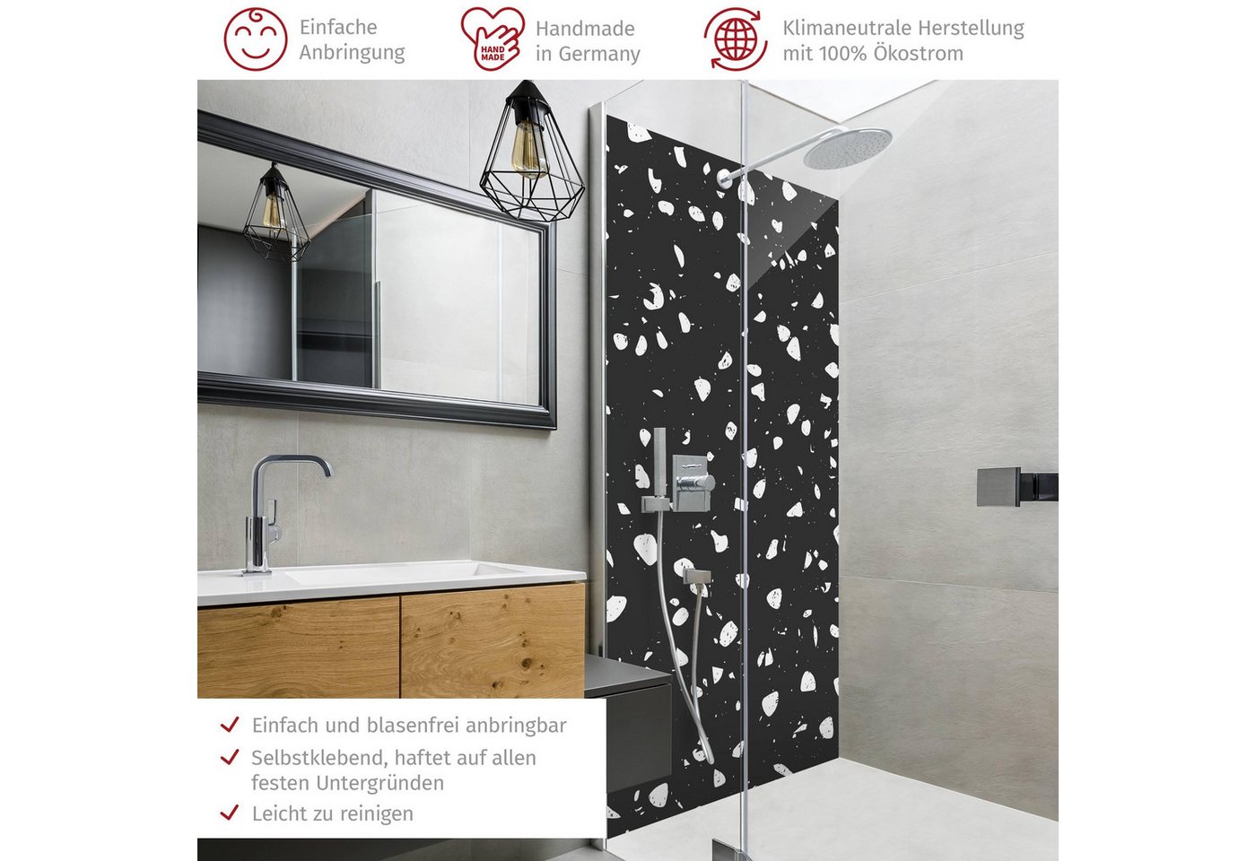 Thumbnail - Bilderdepot24 Badrückwand Terrazzo schwarz Duschrückwand ohne Bohren Dusche Muster, (1-tlg., Hart-Folie Premium matt 0,6...