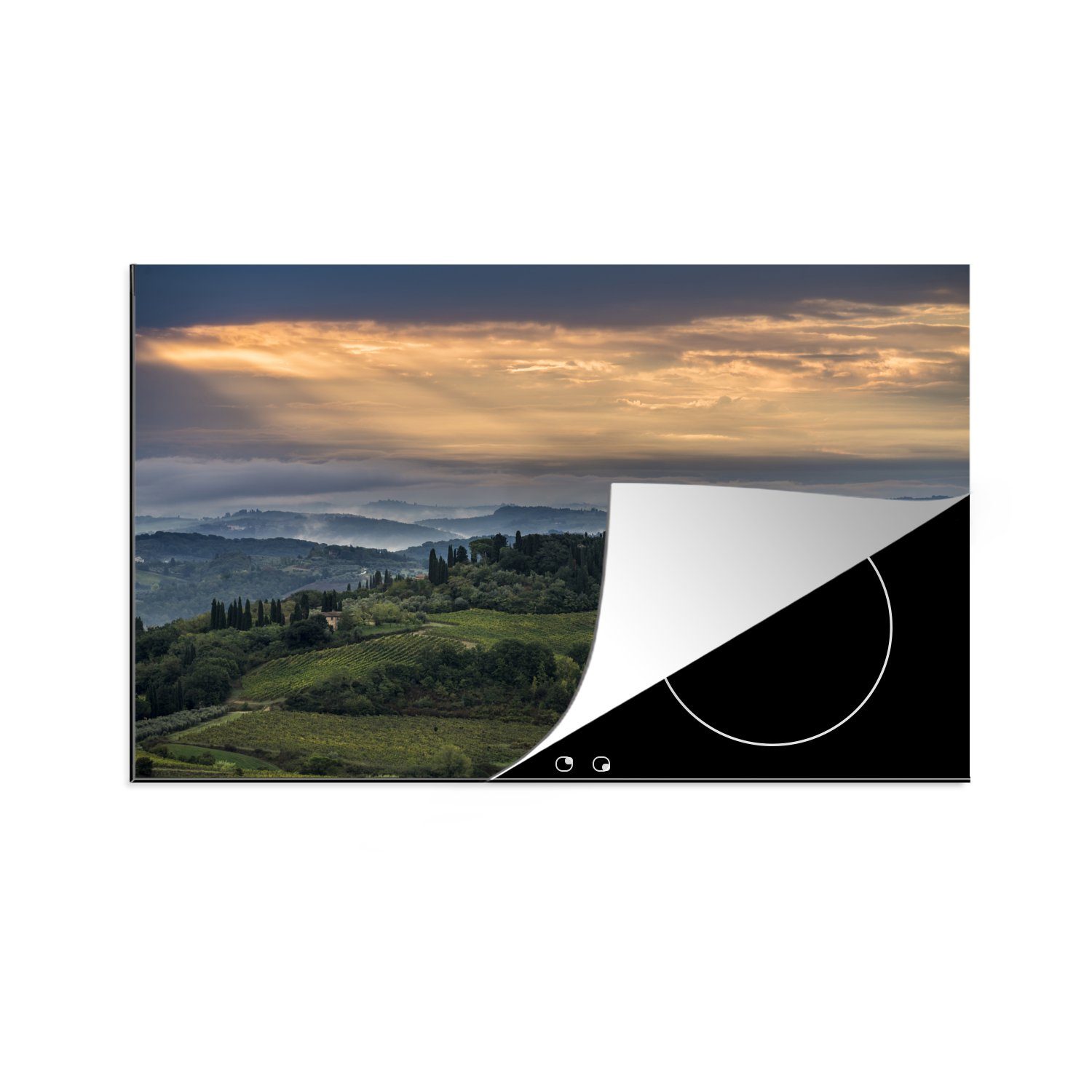 MuchoWow Herdblende-/Abdeckplatte Sonnenstrahlen beleuchten die italienische Hügelkuppe in der Nähe der, Vinyl, (1 tlg), 81x52 cm, Induktionskochfeld Schutz für die küche, Ceranfeldabdeckung