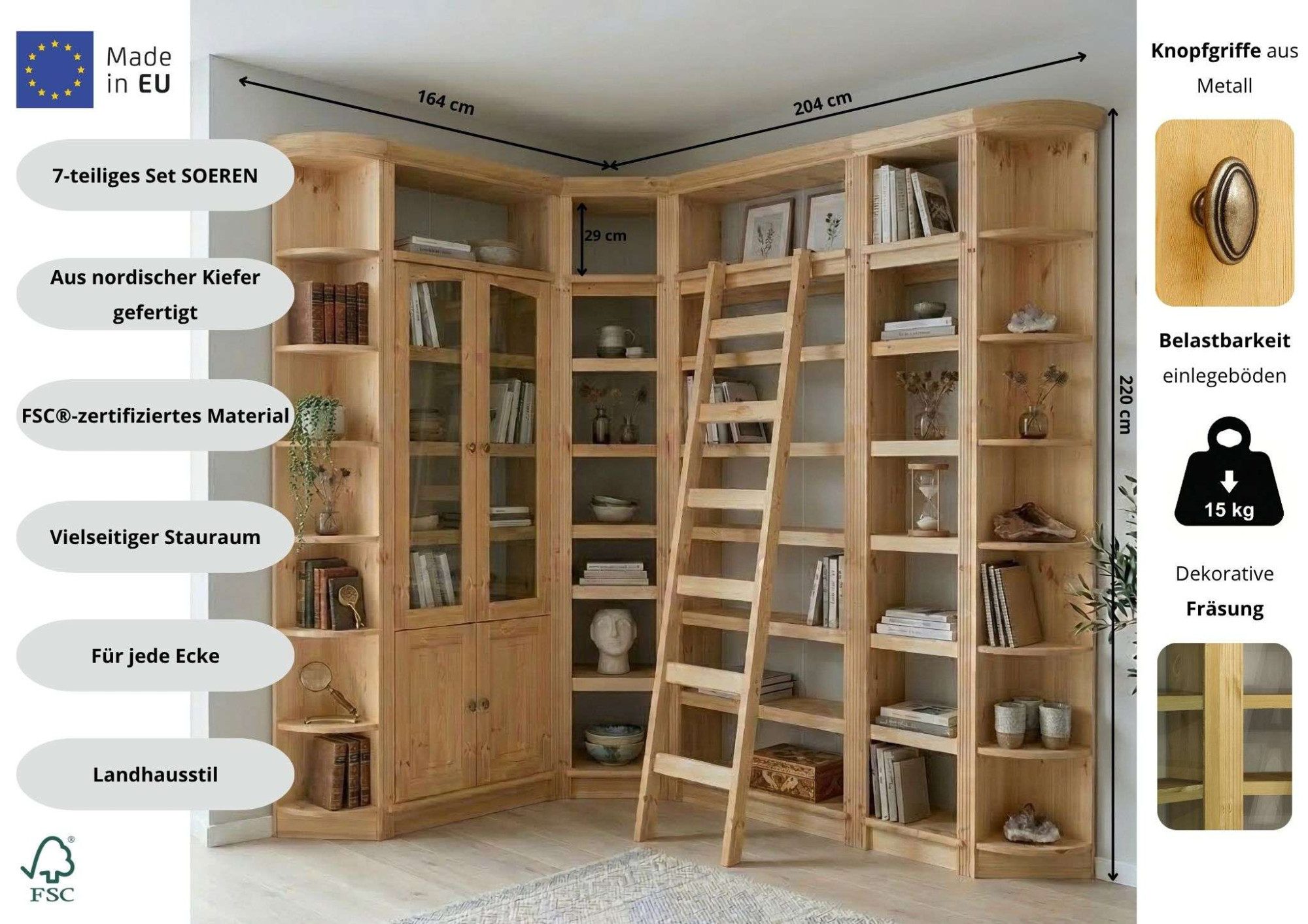 OTTO home Bibliothek Soeren - 7-tlg. Set: mit 1 Regal B 80 cm., 1 Regal B 40 cm, 1 Eckregal, Set 7-tlg., Inkl. 1 Vitrine,2 gerundeten Abschlussregalen und 1 Holzleiter,H220 cm