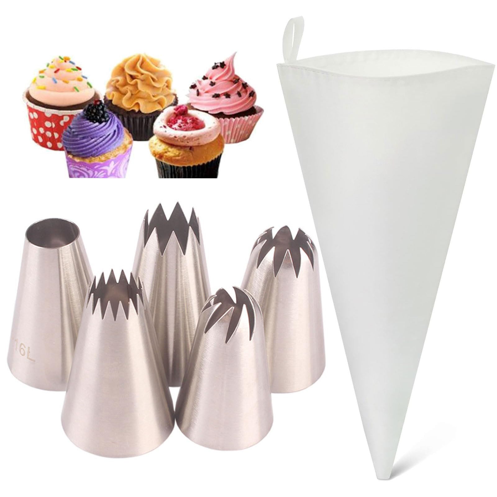 FOUORTUNATE-BEE Spritzbeutel Profi Spritzbeutel Set 6 Stück Wiederverwendbar (5 großen Edelstahl Spritztüllen für Kuchen, Torten, Kekse, Cupcakes, Makronen - Spritzbeutel mit Tüllen Groß & Spritzsack Backzubehör)