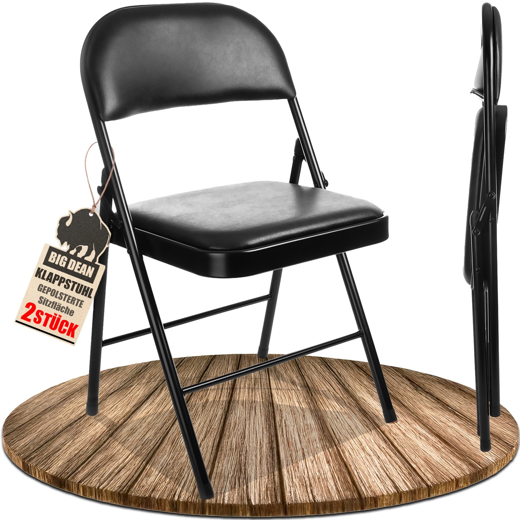BigDean Klappstuhl Klappstuhl 2 Stück gepolstert Klappstühle schwarz Metall Kunstleder (Set, 2 St), Kunstlederbezug, Gepolstert