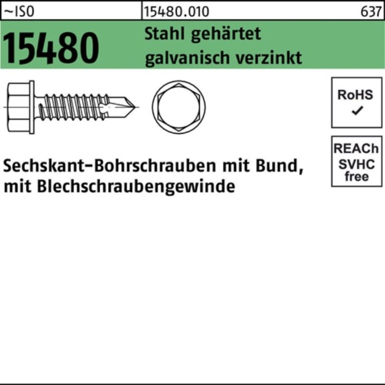 Reyher Bohrschraube 500er Pack ISO gehär Stahl Sechskantbohrschraube 15480 Bund 4,8x50 ST