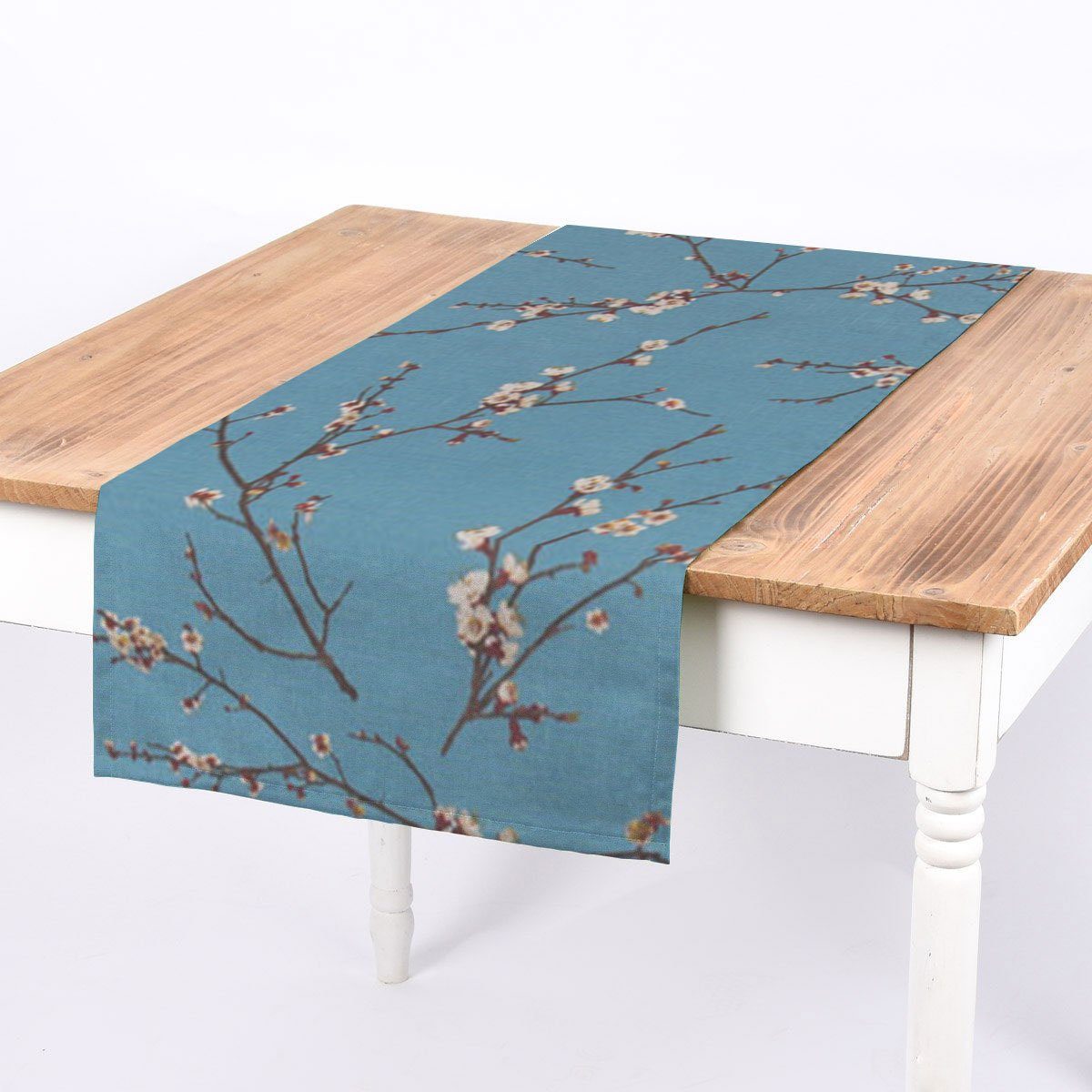 SCHÖNER LEBEN. Tischläufer SCHÖNER LEBEN. Tischläufer Kirschblüten blau braun weiß 40x160cm, handmade