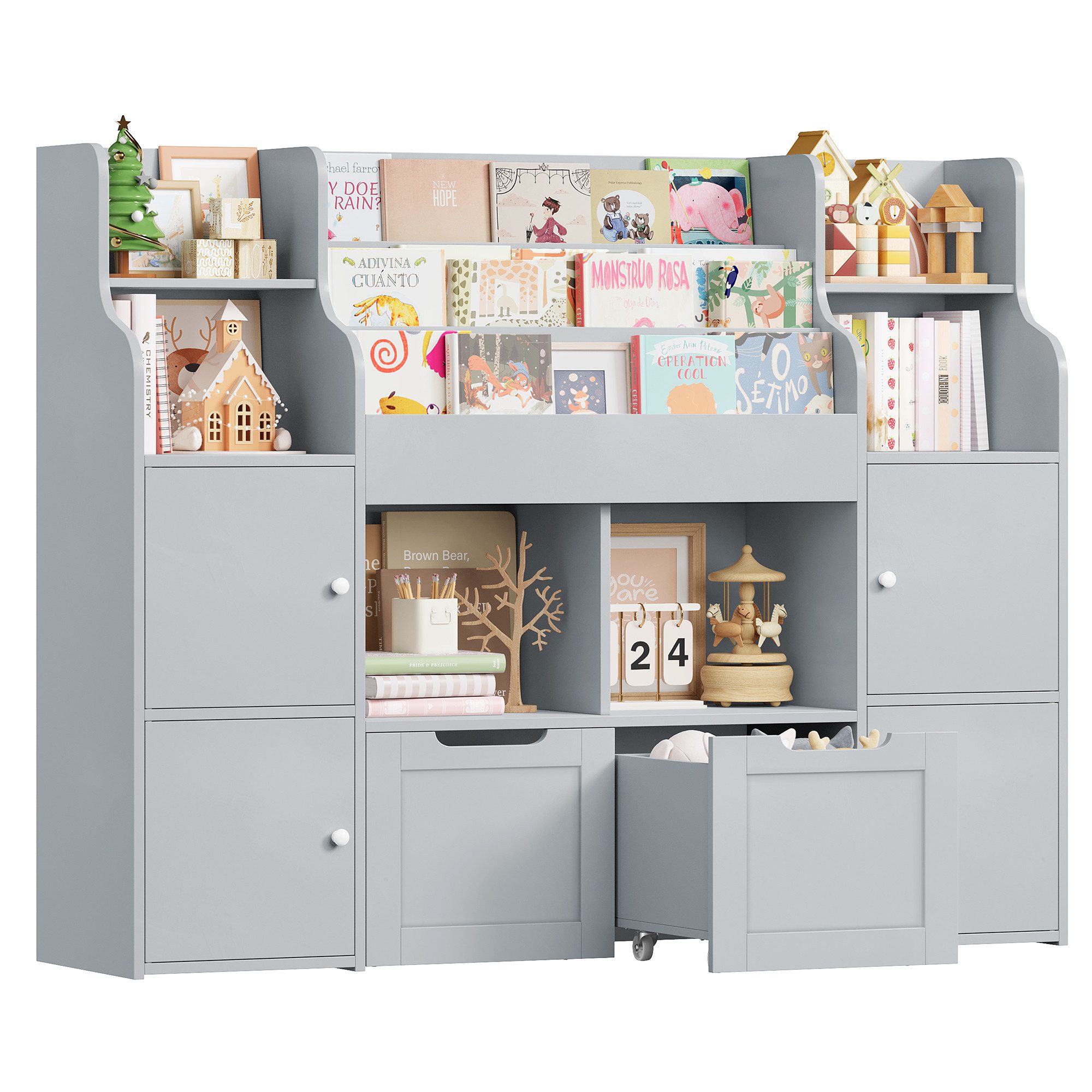 Homfa Kinderregal Spielzeugtruhe mit 2 Schubladen auf Rollen Bücherregal, Kinderbücherregal Spiegelregal mit Tür 126x104x30 cm weiß