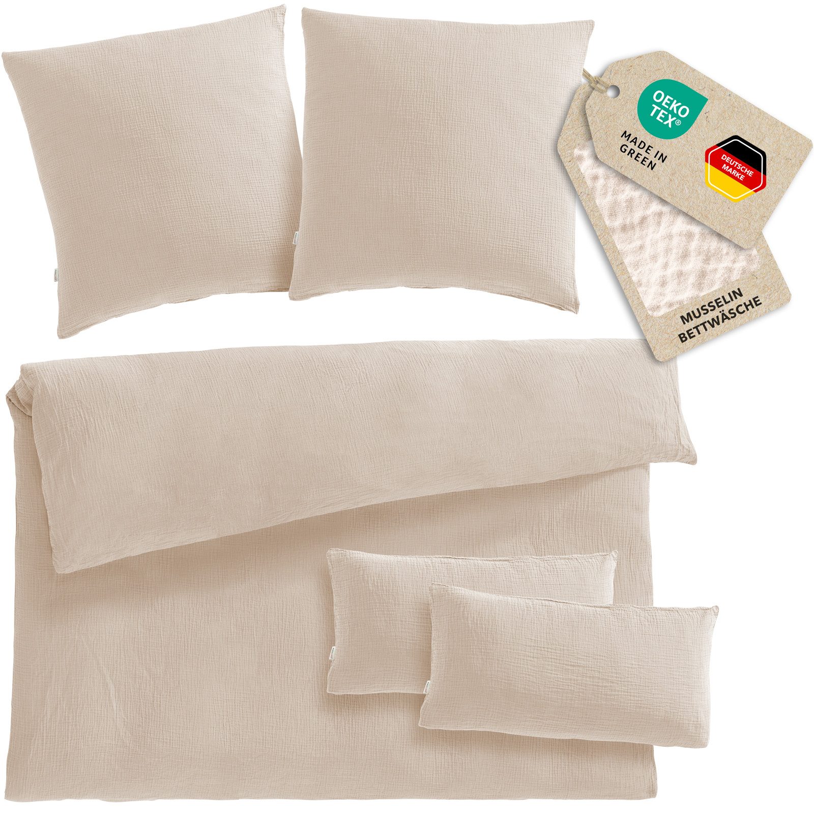 Pure Label Bettwäsche Musselin Bettwäsche 5tlg 200x220+2x80x80+2x40x80 Beige, Musselin, 5 teilig