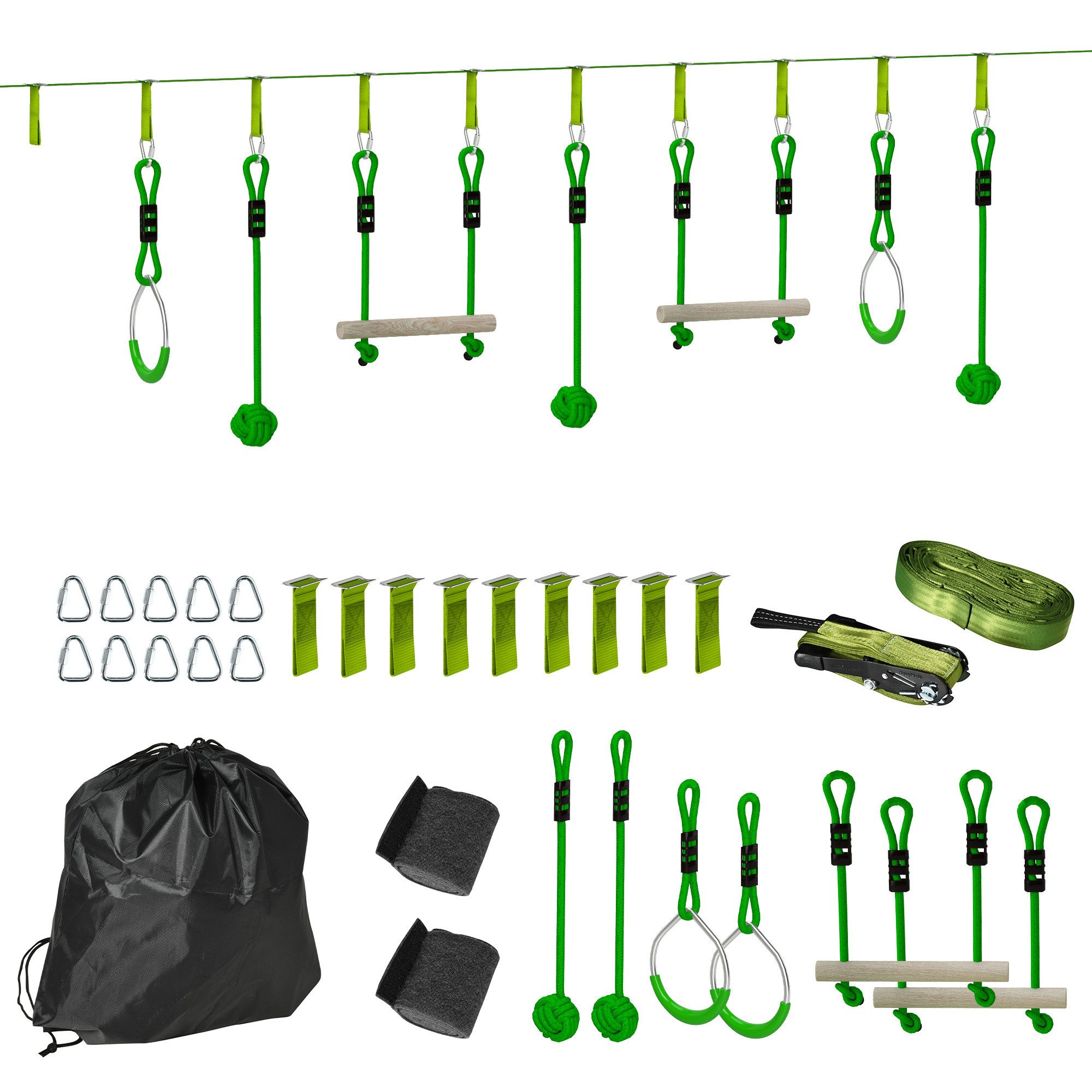 AIYAPLAY Slackline mit 2 Turnringe 2 Kletterstangen und 3 Spinnerräder für Garten Outdoor, für 3-6 Jahre Kinder, bis 50 kg