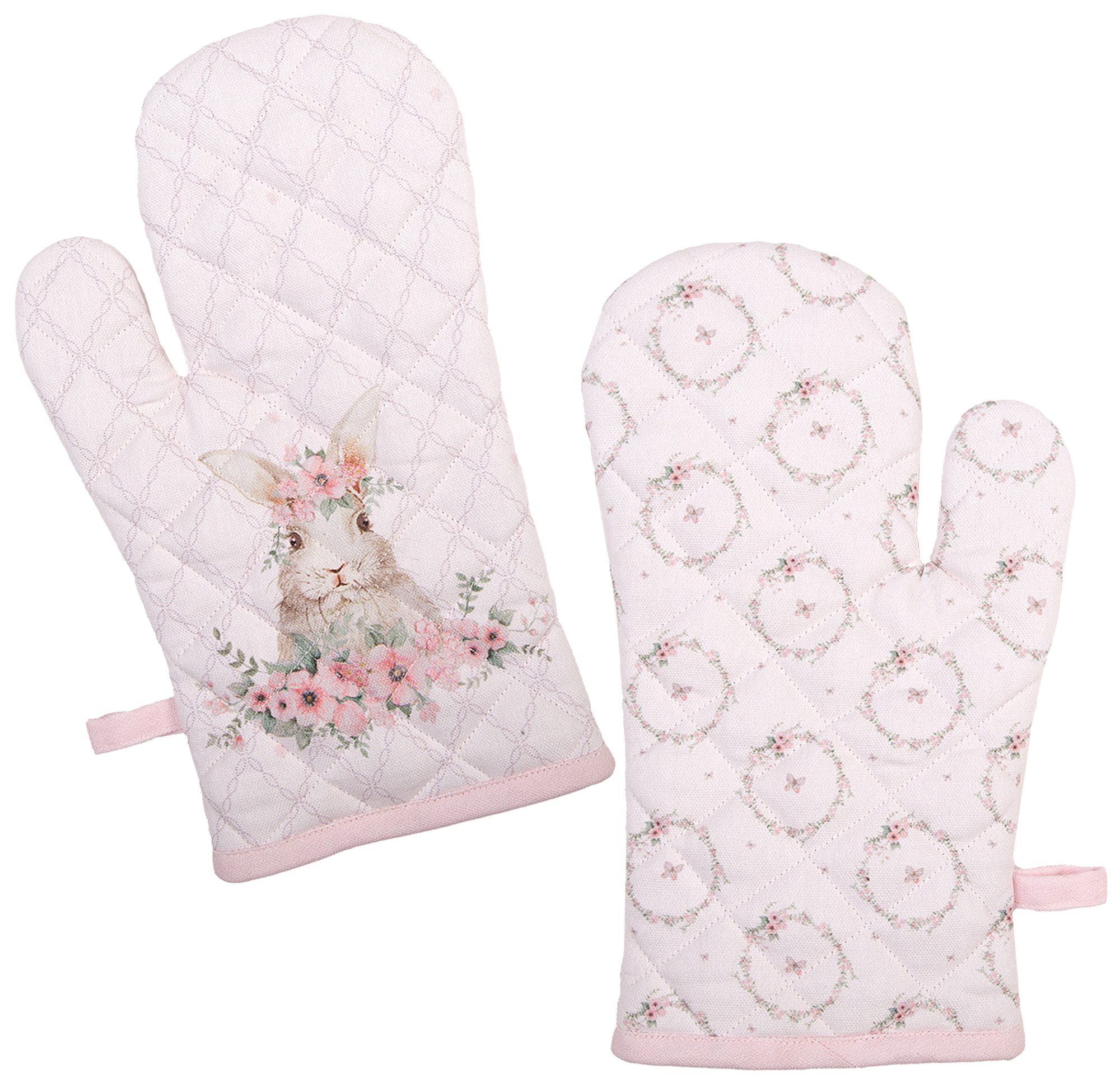 Clayre & Eef Topfhandschuhe Floral Easter Bunny, (2-tlg., 2-teilig), Ofenhandschuhe wattiert Größe: ca.18x30cm