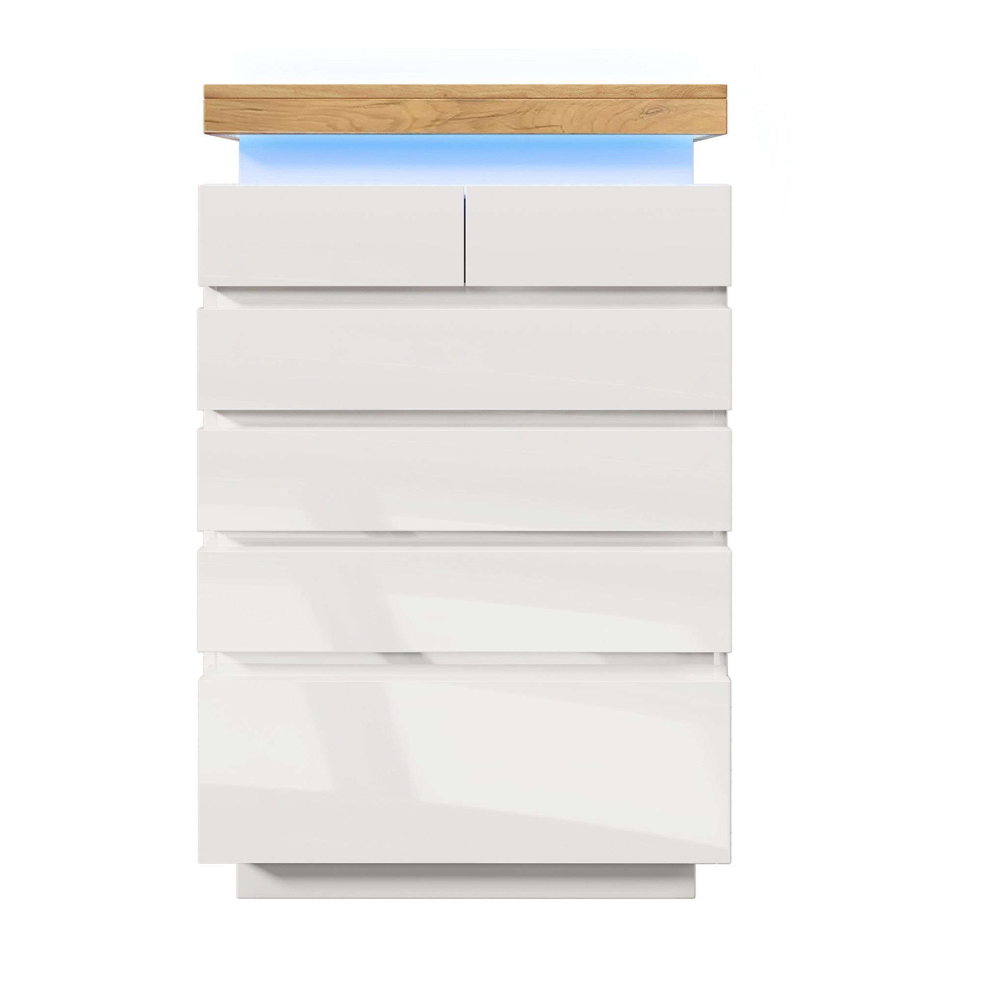 Flieks Kommode mit 6 Schubladen Hochschrank Weiß (für Wohnzimmer und Schlafzimmer, 1 St), Sideboard mit LED-Beleuchtung Mehrzweckschrank Hochglanz, Breite 73 cm