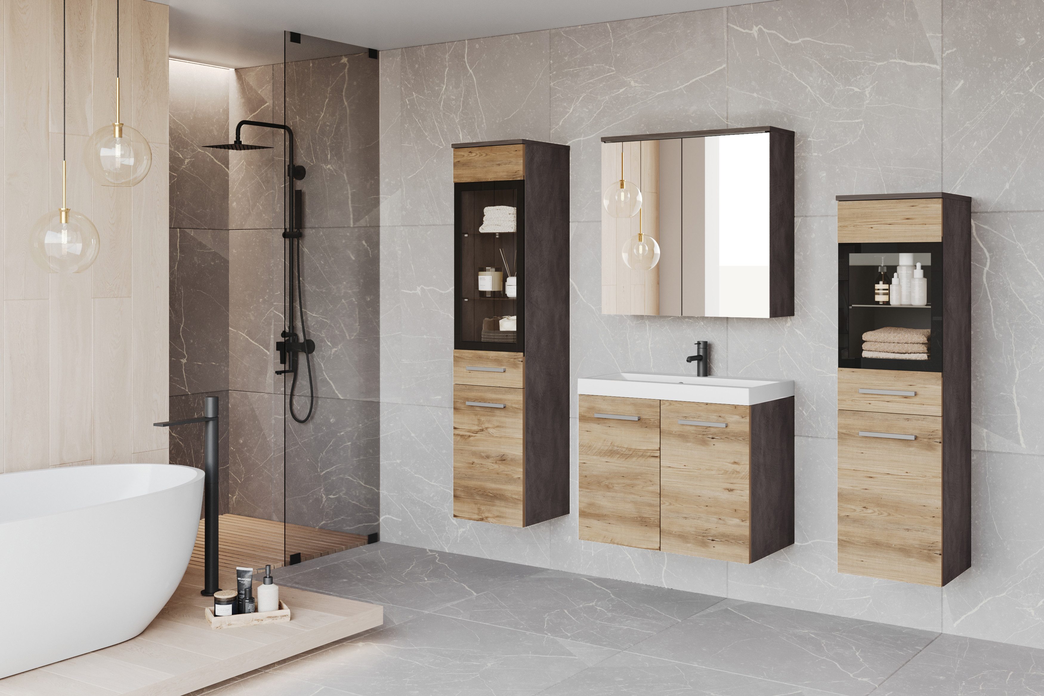 welltime Badmöbel-Set MADRIT II, Schrank mit Waschbecken, 2 Hänger, Spiegel günstig online kaufen