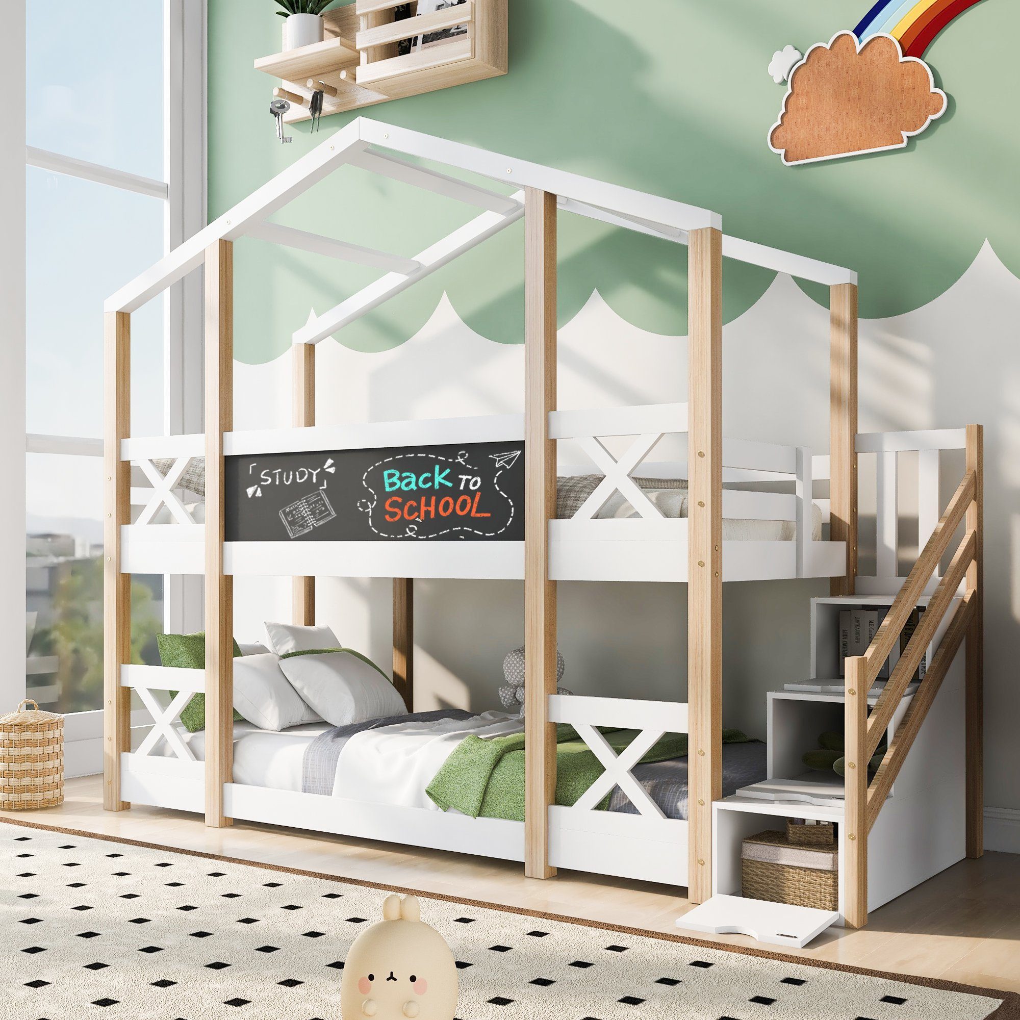 Etagenbett (Kinderbett), Hochbett mit Rausfallschutz, 3 Schubladen und Lattenrost, 90x200cm
