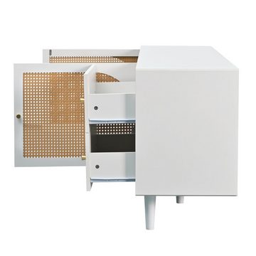 Merax Lowboard aus Holz mit 2 Schubladen und 4 Fächern, TV-Schrank mit Polyrattan-Geflechten Türen, TV-Board, Breite 180cm