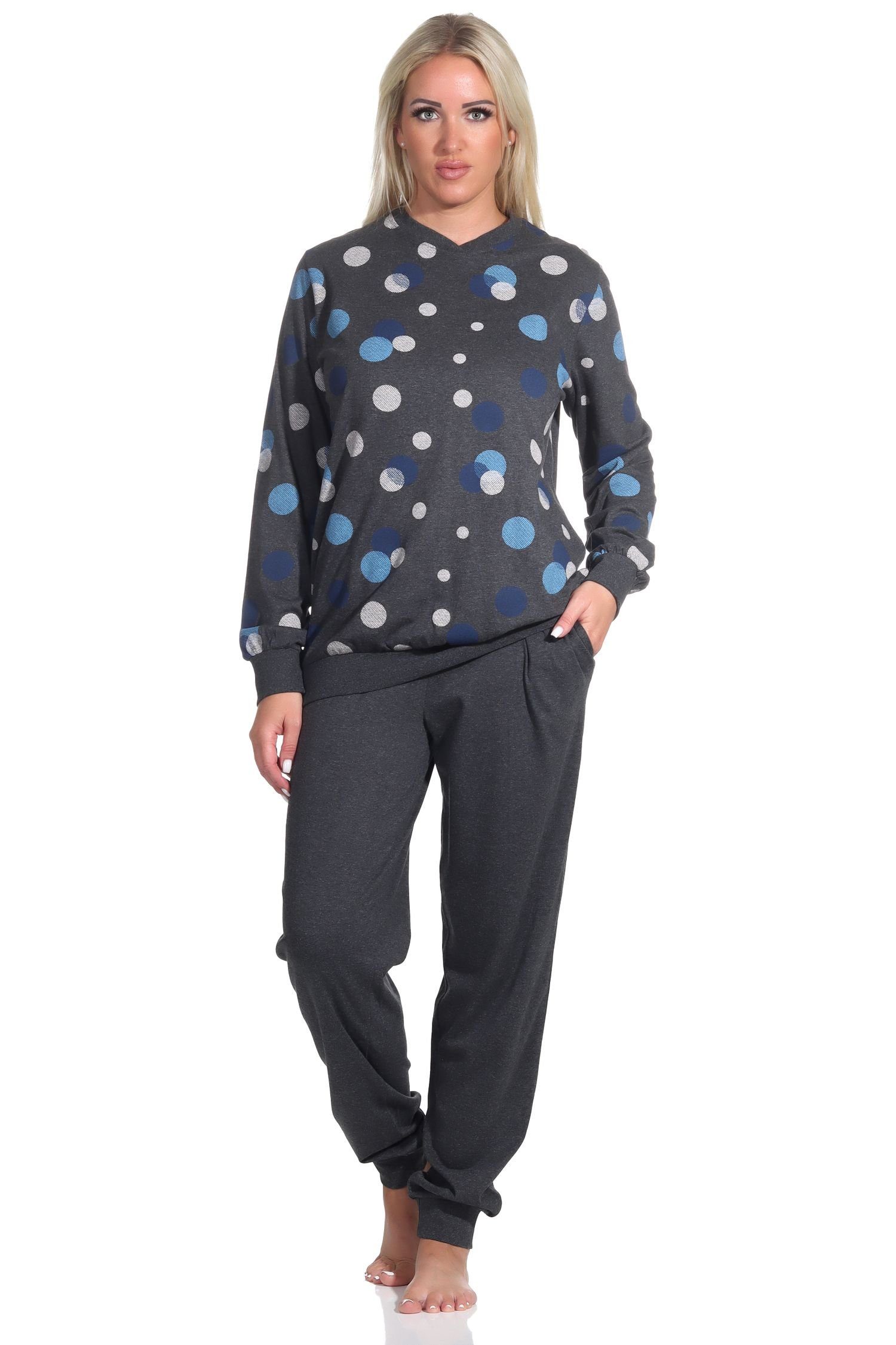 Normann Pyjama Damen Schlafanzug mit Bündchen in Punkte Optik - auch in Übergrößen blau