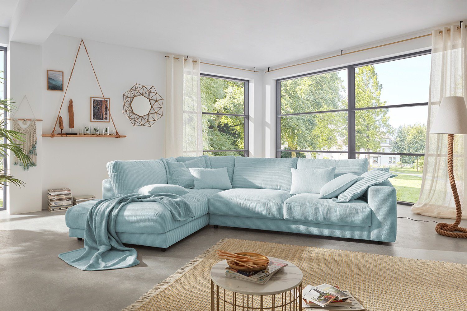 KAWOLA Ecksofa MADELINE, Sofa Cord, Recamiere rechts od. links, versch. Farben hellblau