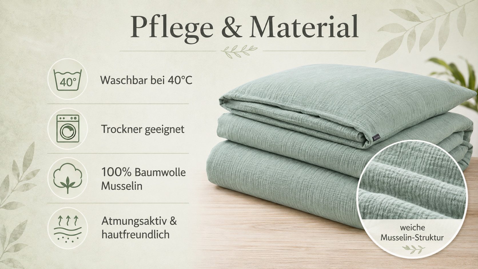 pure hug Bettwäsche Set Musselin 135x200 Design Matcha grün Baumwolle, Musselin, 2 teilig, Sommer Geschenke Idee Frauen Männer weich sale Reißverschluss Partner – Bild 5 von 5
