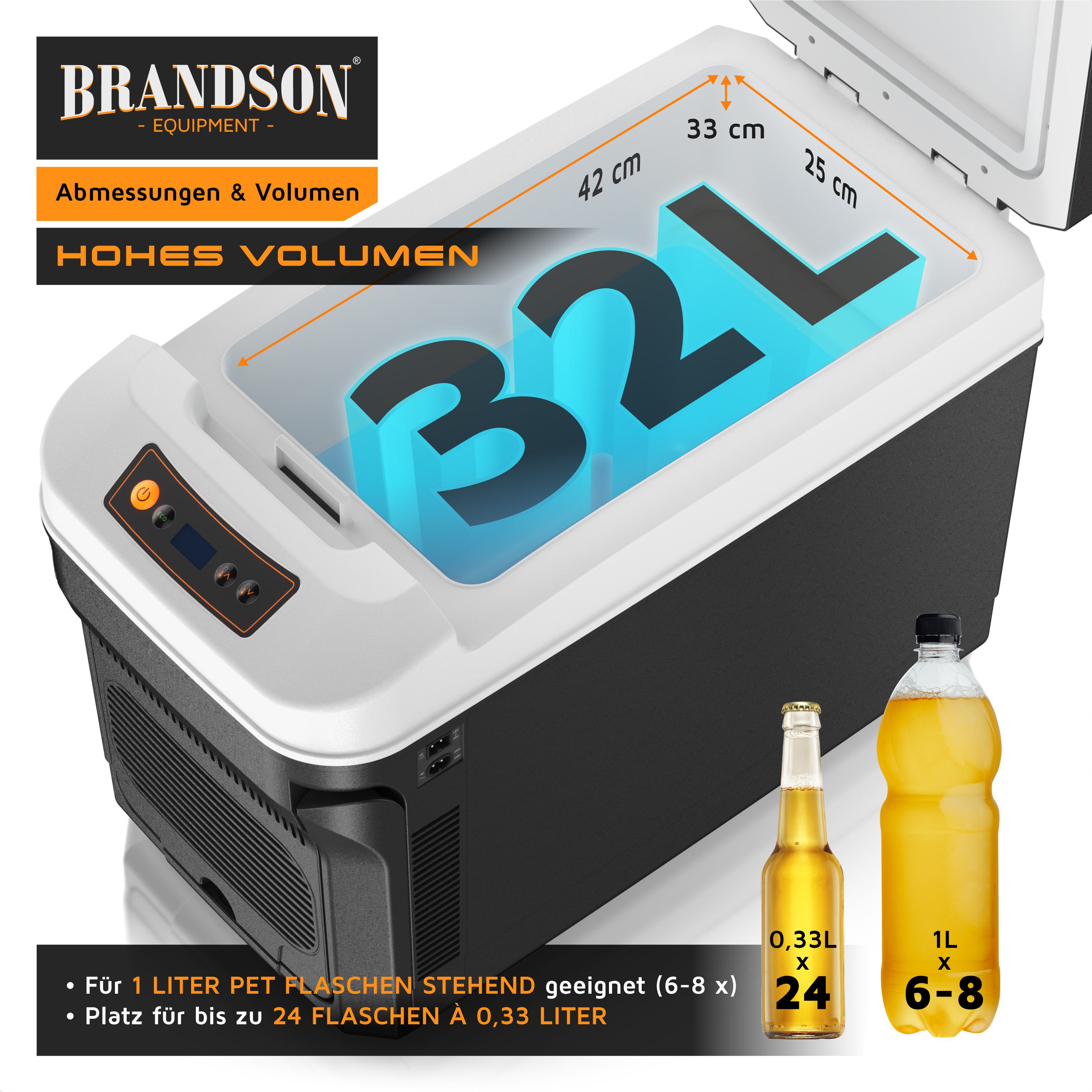 Brandson Elektrische Kühlbox Kühlbox, bis – 20°C, ECO Modus, 32 L, für Auto & Haus, 32 l, Heizfunktion bis 65°C, 12-24 V, 100-240 V, LC-Display, Rollen