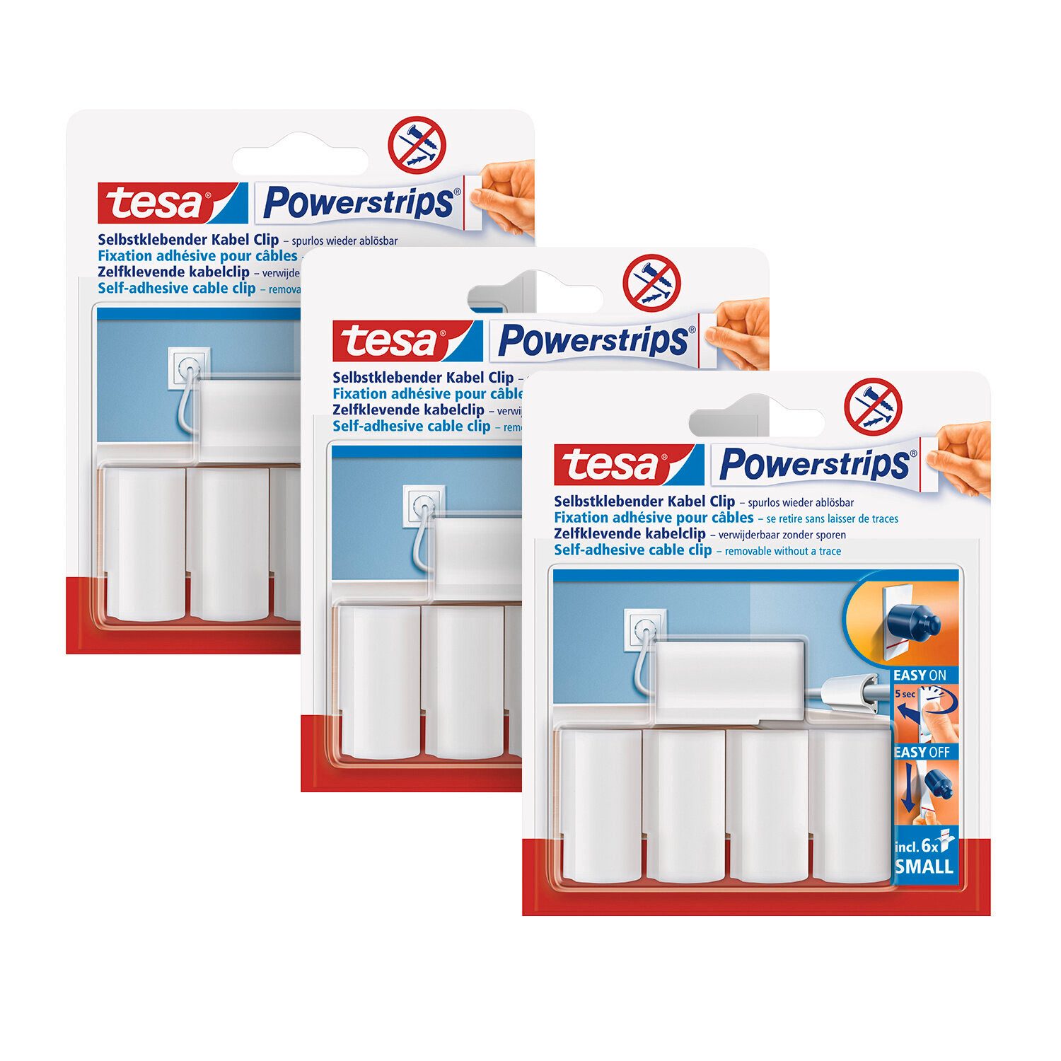 tesa Klebehaken Powerstrips Kabel-Clip, Kabel, (Packung, 3-St., 15 Kabel Clips und 18 Powestrips doppelseitige Klebestreifen), Stripes selbstklebende - Kabelclip klein - kleben statt bohren