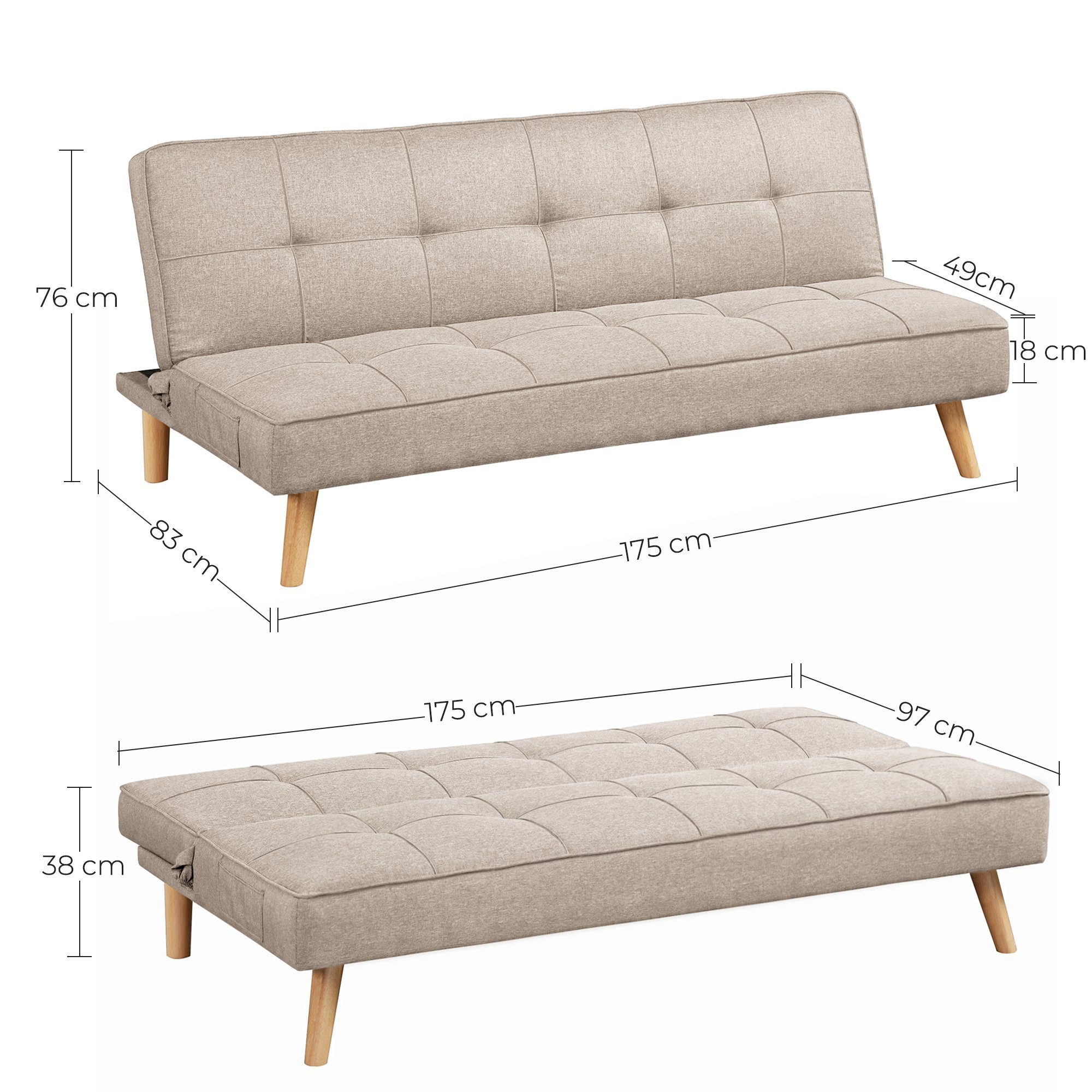 Schlafsofa LCS701G01 LCS701M01 von VASAGLE - Maße