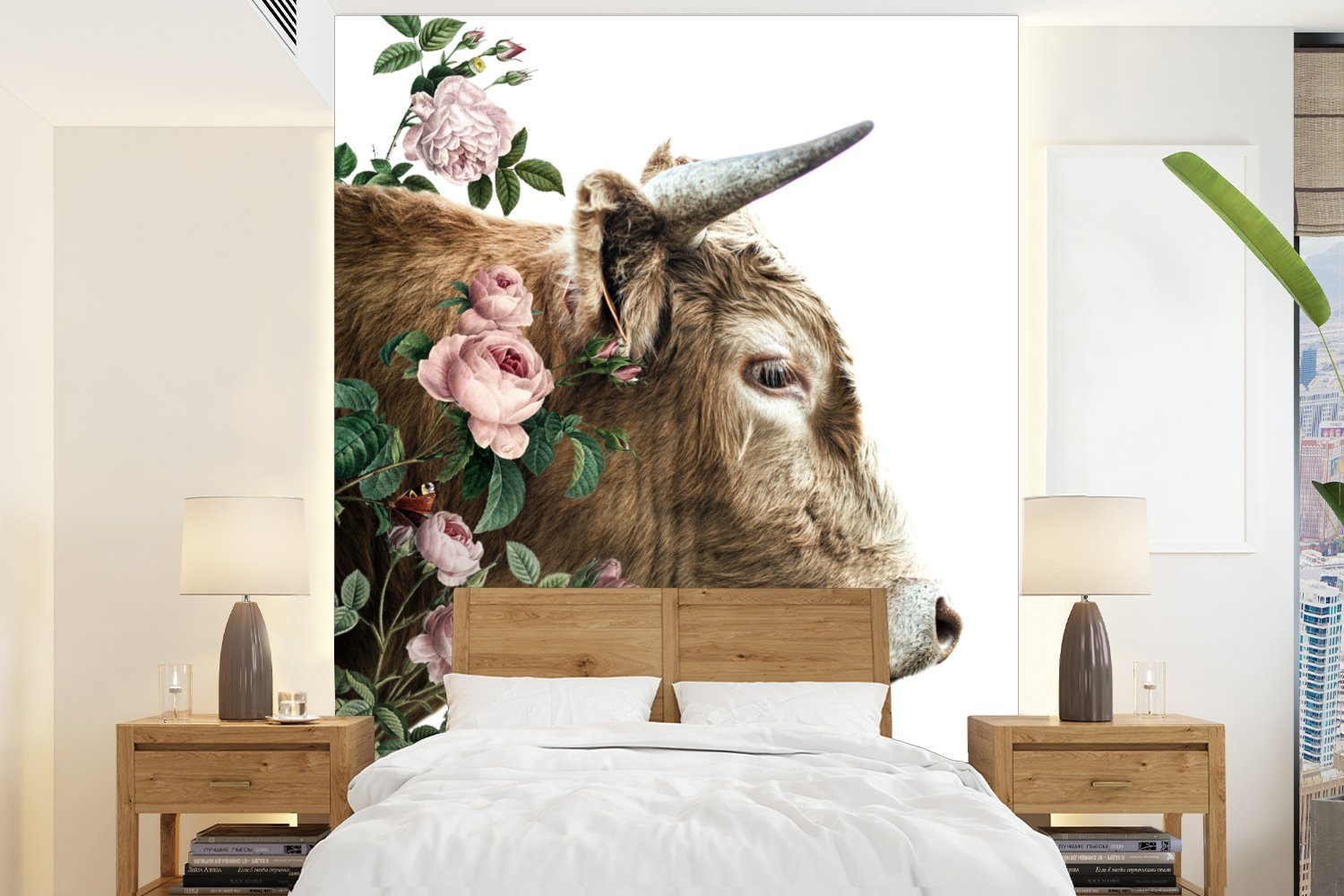 MuchoWow Fototapete Schottischer Highlander - Kuh - Blumen, Matt, bedruckt, (4 St), Montagefertig Vinyl Tapete für Wohnzimmer, Wandtapete | Fototapeten