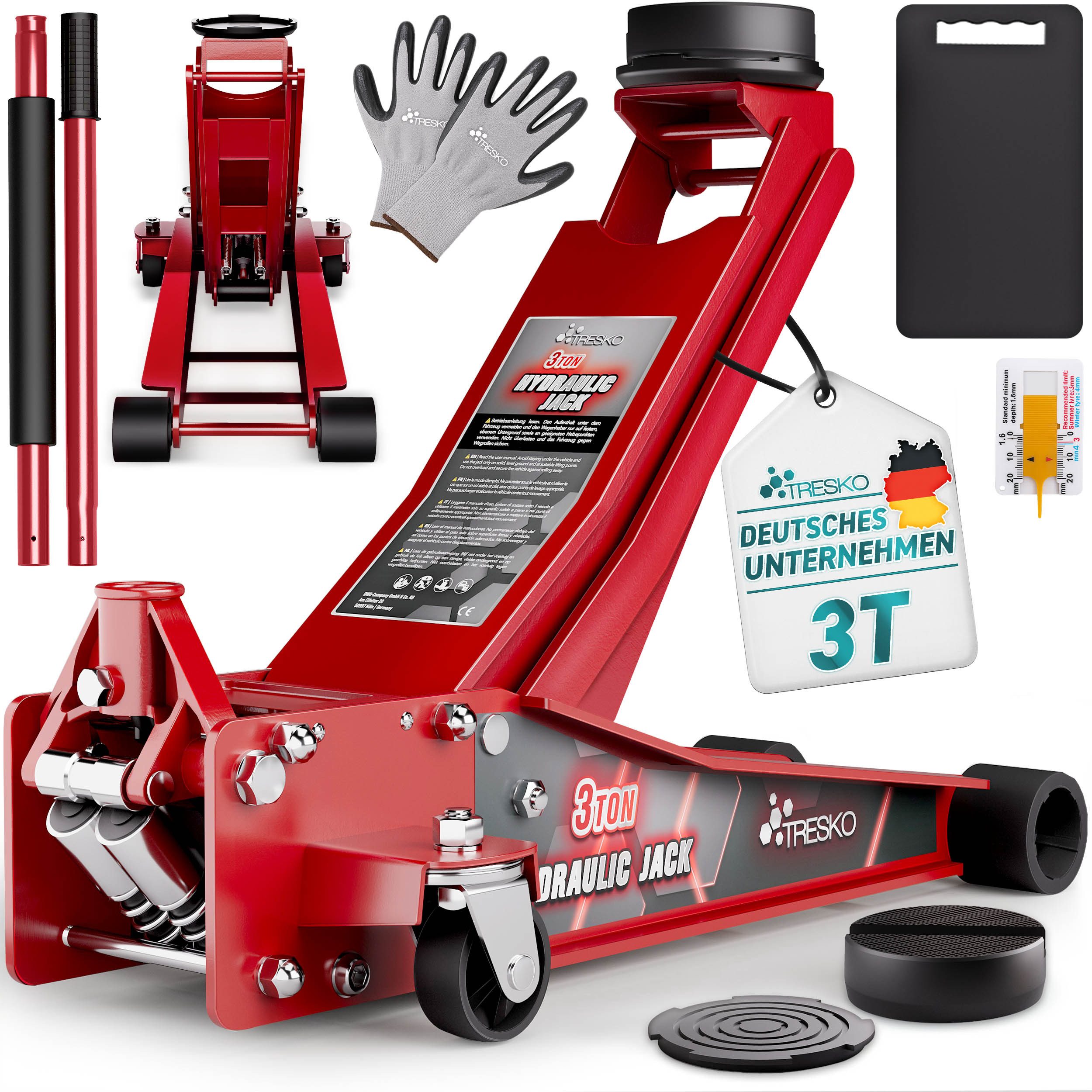 TRESKO Rangierwagenheber hydraulisch 3T Rangierwagenheber 75-510mm Autoheber, Hydraulik KFZ flach Doppelkolben für tiefergelegte Autos & 360° Rollen, 360° Rollen + 2X Gummiauflage, Schutzmatte, Handschuhe, Profilmesser, hydraulisch 3T Hubhöhe 75-510mm mit Rangierwagenheber
