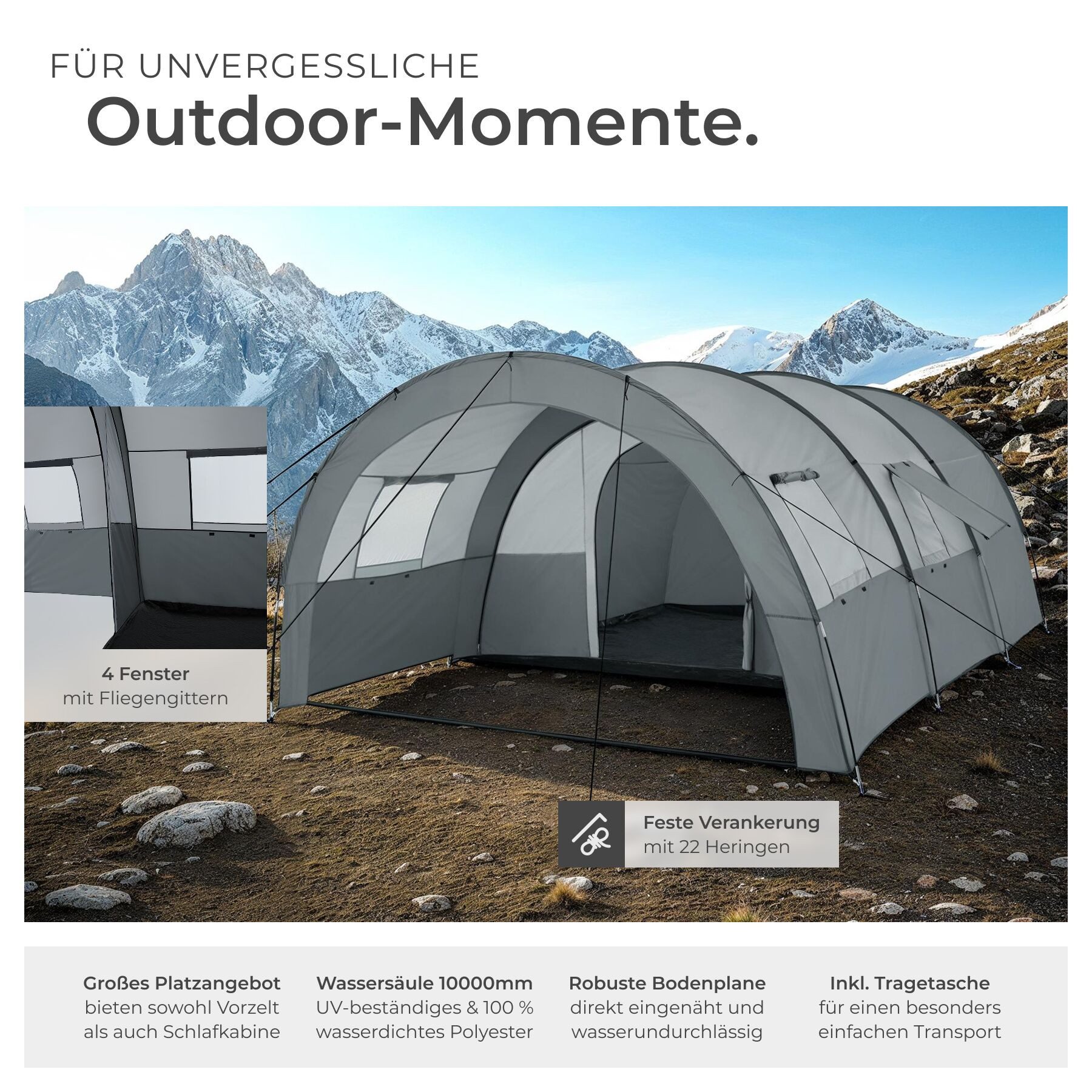 tectake Tunnelzelt Campingzelt Roskilde für 6 Personen, Personen: 6 (inklusive Spannseile, Heringe und Tragetasche, 350 x 480 x 195 cm), mit Vorzelt und Bodenplane, UV-Schutz 50+