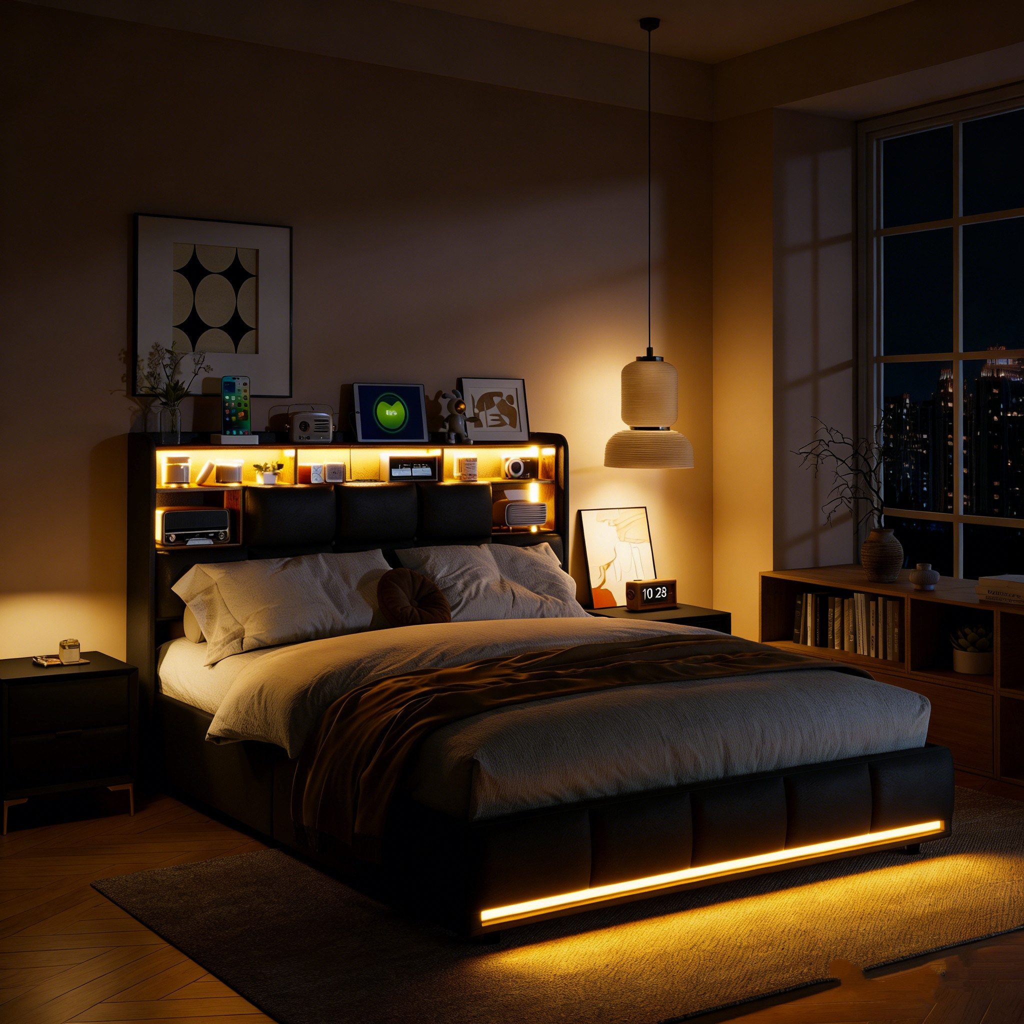 PXloue Polsterbett Modernes Bett mit LED-Beleuchtung und Regal (Hydraulisch hebbarer Stauraum), Stilvolles Design mit Stauraum und Lattenrost.