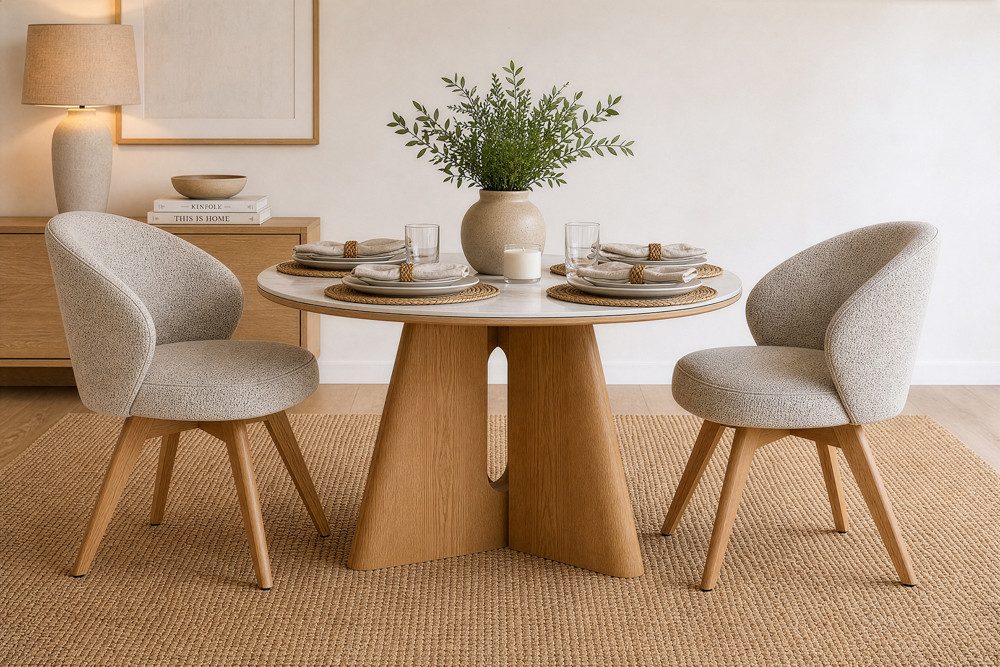 riess-ambiente Polsterstuhl WALKÜRE beige/natur – Strukturstoff, drehbar, mit Armlehne & Federkern (Einzelartikel, 1 St), mit 180° Drehfunktion und Autoreturn – ideal für elegante Esszimmer