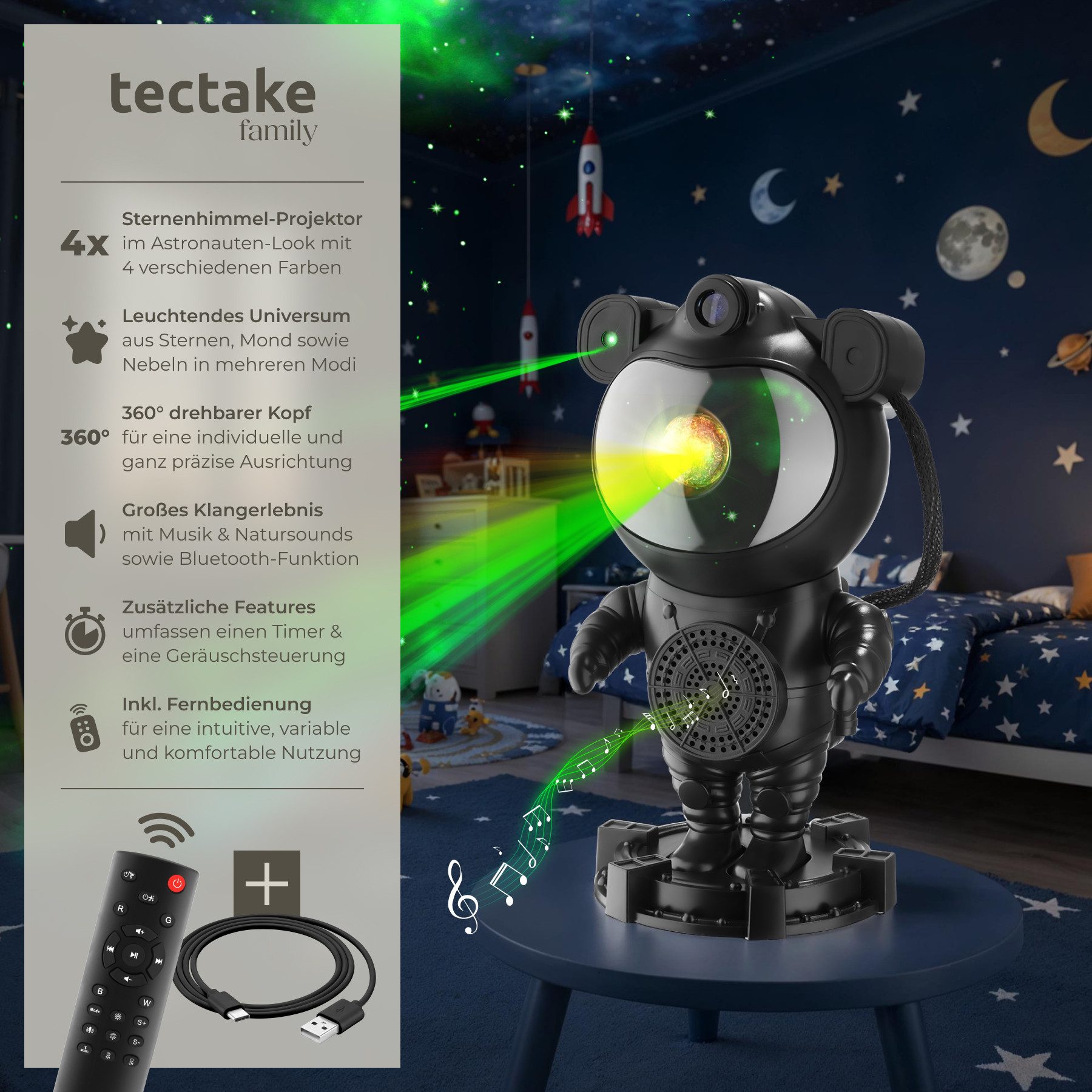 tectake LED Nachtlicht LED-Sternenhimmel-Projektor Astronaut, inkl. Bluetooth, Bluetooth- und Music-Funktion mit 8 Sounds sowie Timer