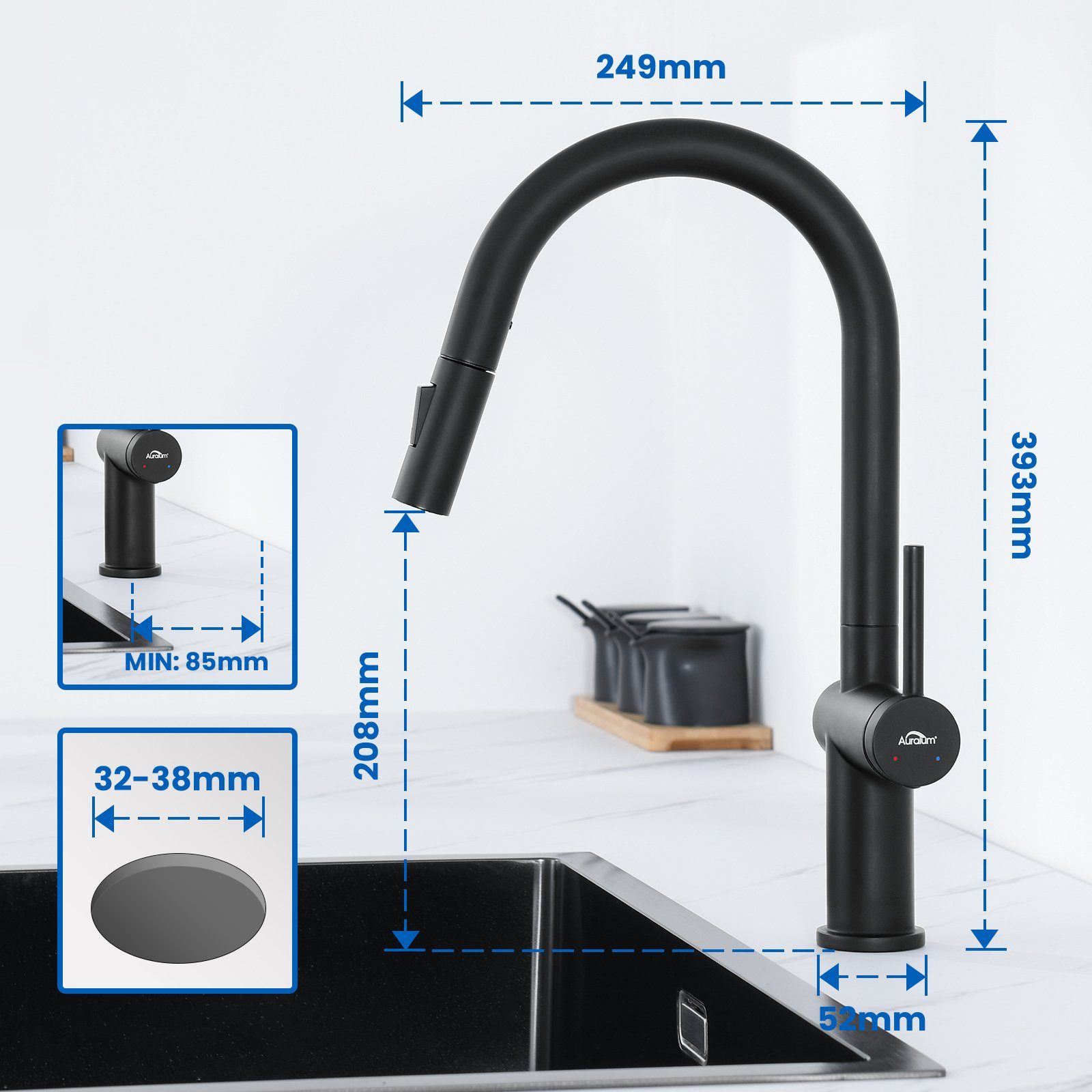 Auralum Küchenarmatur Hochdruck Wasserhahn mit Spültischarmatur Ausziehbar Funktionen Mischbatterie Schwarz Brause 2