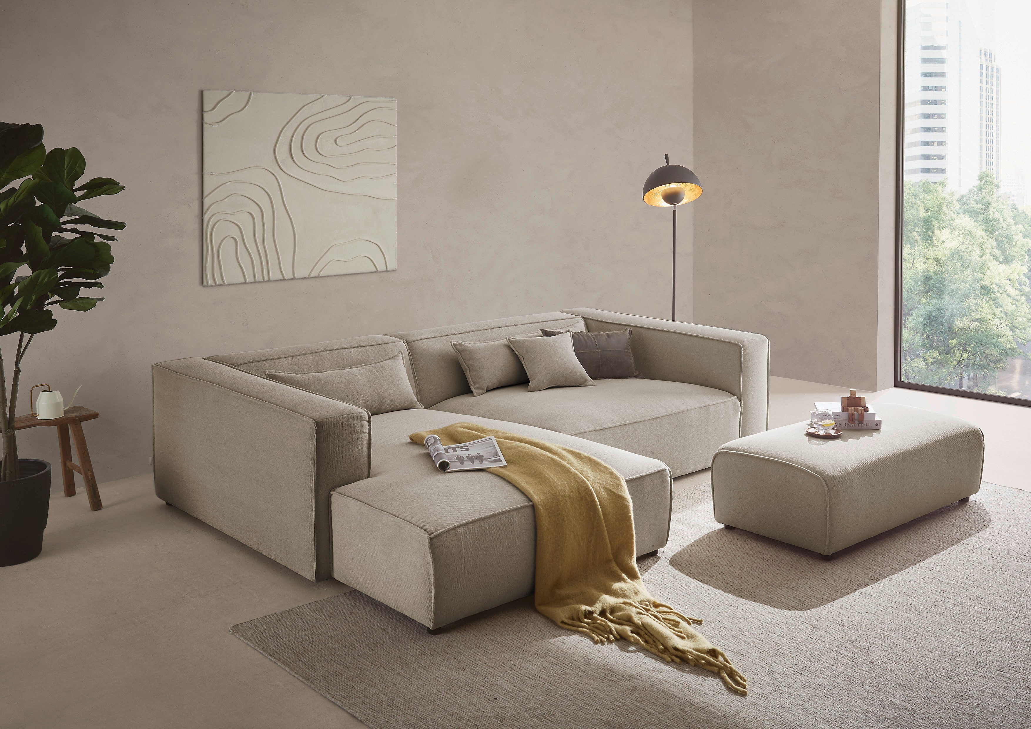 LeGer Home by Lena Gercke Ecksofa PIARA XXL Struktur u. Leinenoptik, L-Form, Schlaffunktion, Hocker stellbar zum Schlafsofa (Krokodilverbinder), tiefe Sitzfläche