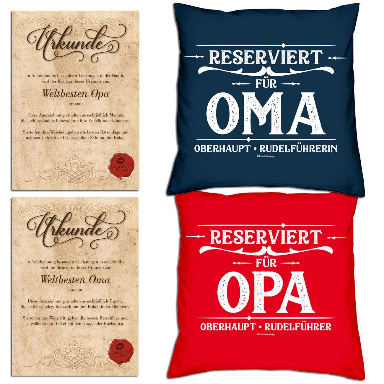 Soreso® Dekokissen Kissen-Set Reserviert für Opa Reserviert für Oma mit Urkunden, Weihnachtsgeschenk für Großeltern navy-blau | Dekokissen