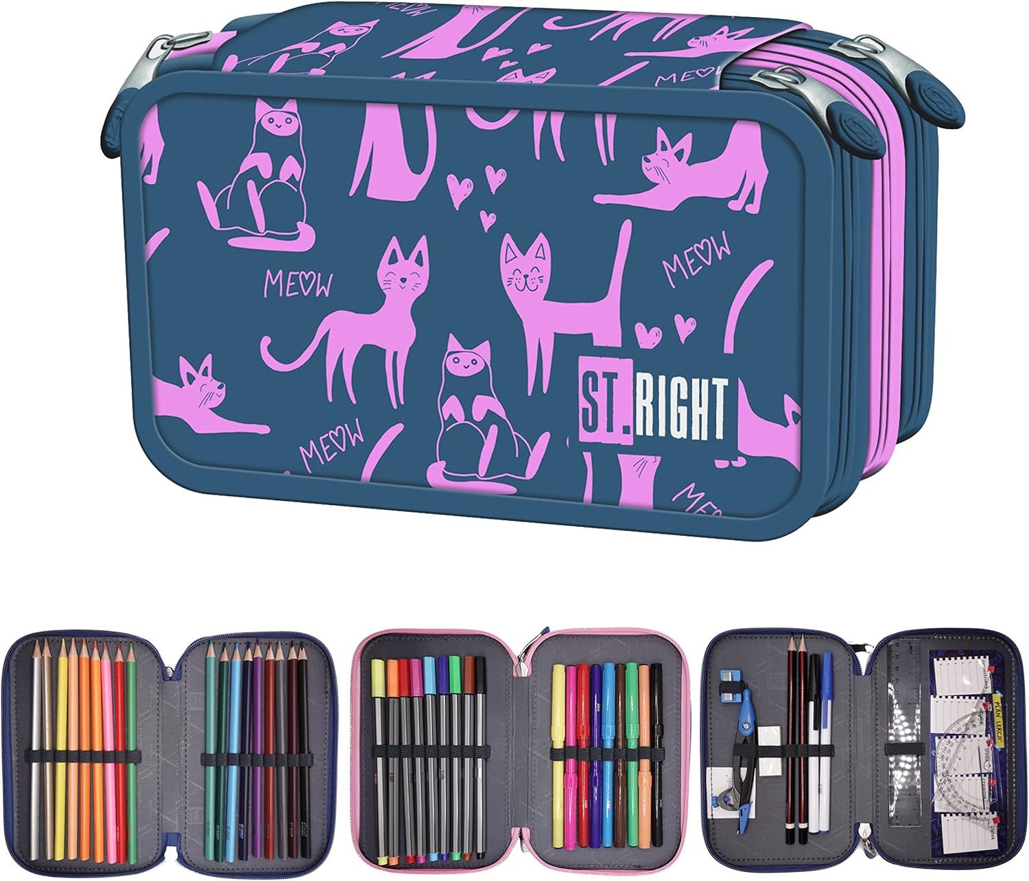 GOLDKIDS Federmäppchen St. Right XXL Federtasche Federmappe 46-teilig, (gefüllte Schüleretui, 1-tlg., 3-stöckig 19 x 13 x), 7 cm inkl. Hausaufgabenheft Lazy Cats Katzen