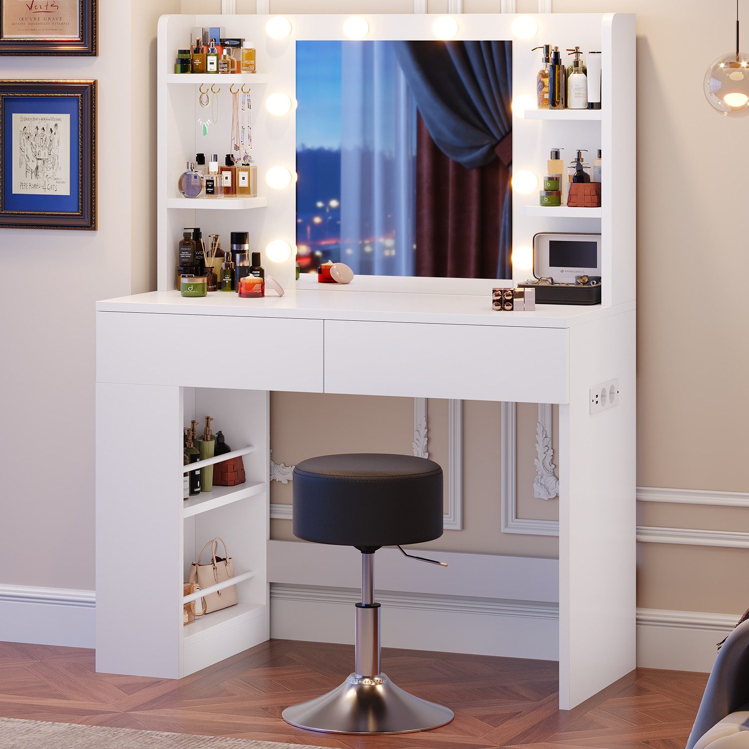 HOMALL Schminktisch Mit dreifarbiger LED-Beleuchtung, Helligkeit einstellbar (Länge × Breite × Höhe) 90 × 40 × 137 cm, mit Steckdose und 2 USB-Anschlüssen, seitliche Schränke links und rechts austauschbar, 8 offene Ablagefächer, 2 Schubladen, 4 Schmuckhak