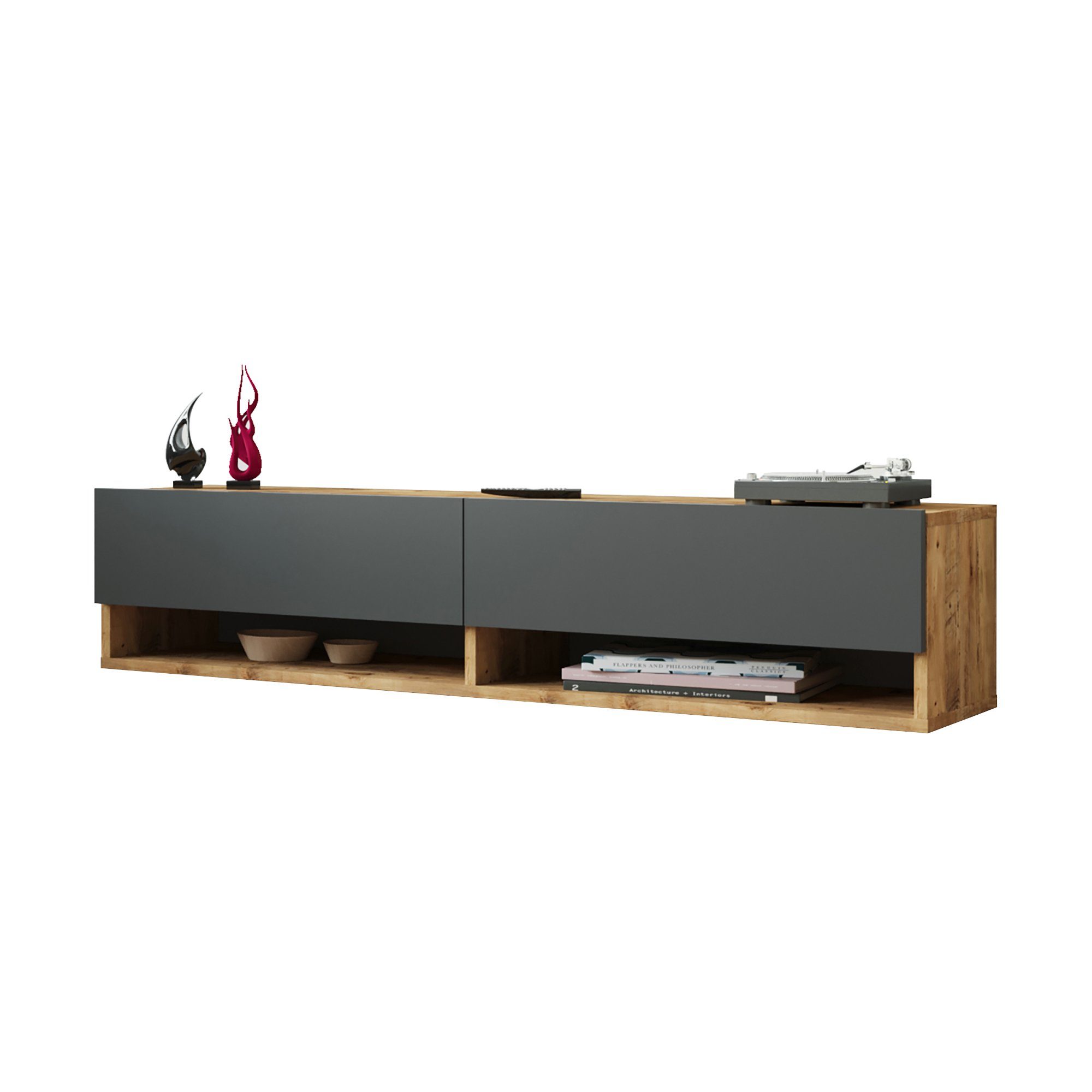 en.casa TV-Schrank »Laitila« TV Hängeboard 140x31,5x29,5cm Eiche rustikal/Anthrazit