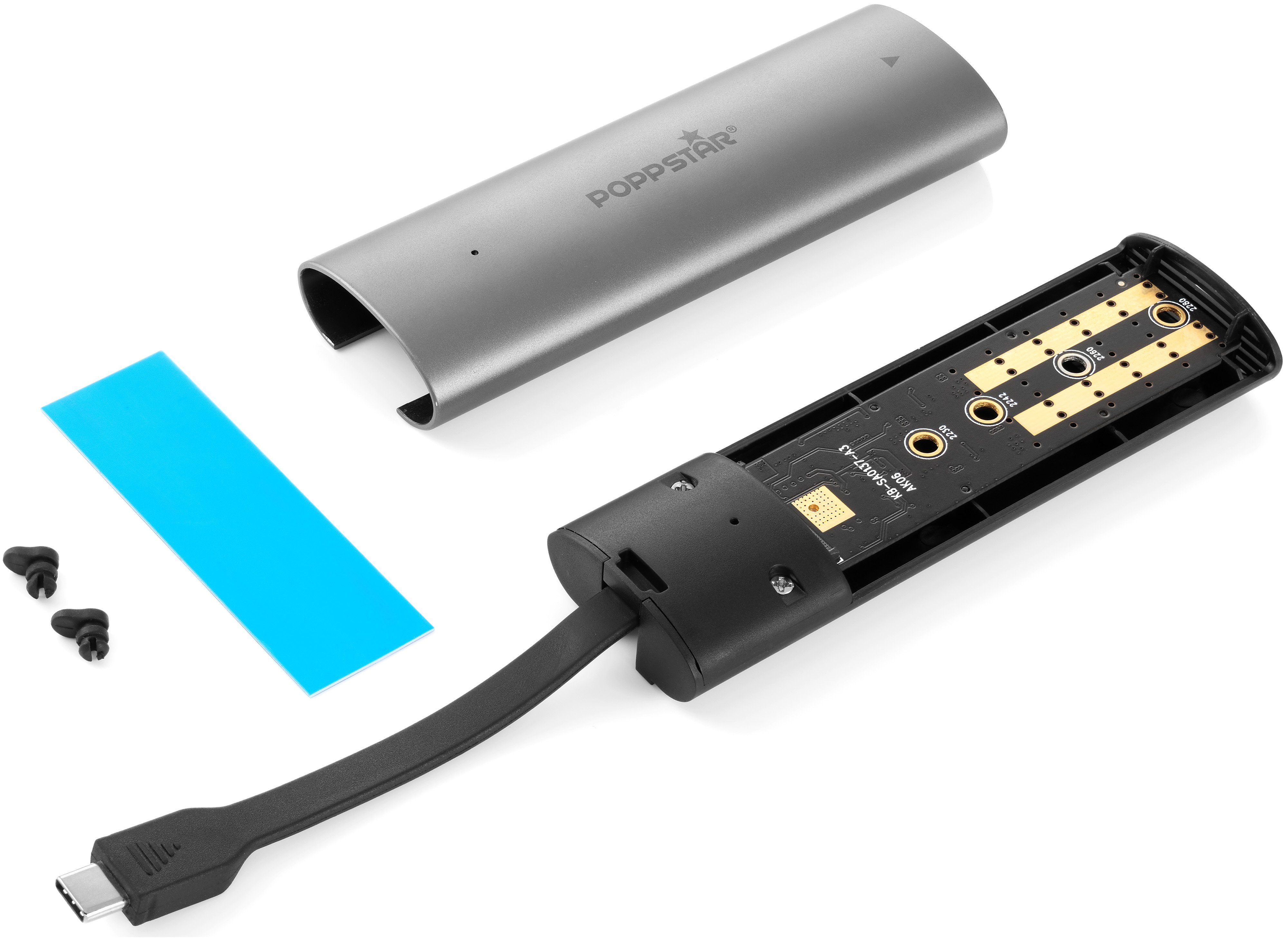 Poppstar Festplatten-Gehäuse PCIe USB-Adapter inkl. Wärmeleitpad für M.2 NVMe SSDs, (1 St., mit USB-C Anschluss), (für SSD-Formate 2230/2242/2260/2280, M-/B&M-Key)