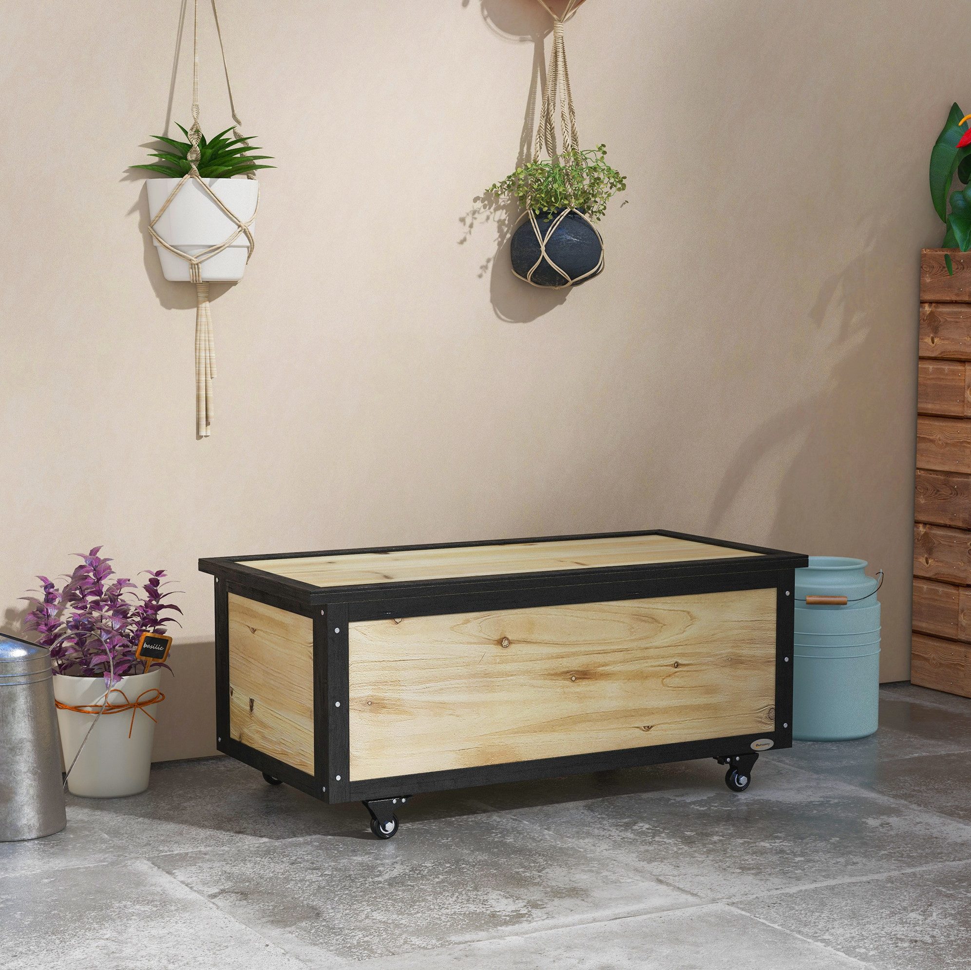 OKWISH Gartenbox 100x50x43 cm Holz 121L Auflagenbox Natur mit Rollen Aufbewahrung (1 St., Rollbare Gartentruhe aus Holz für Kissen & Outdoor Zubehör), Wetterbeständige Aufbewahrungskiste für Balkon & Terrasse