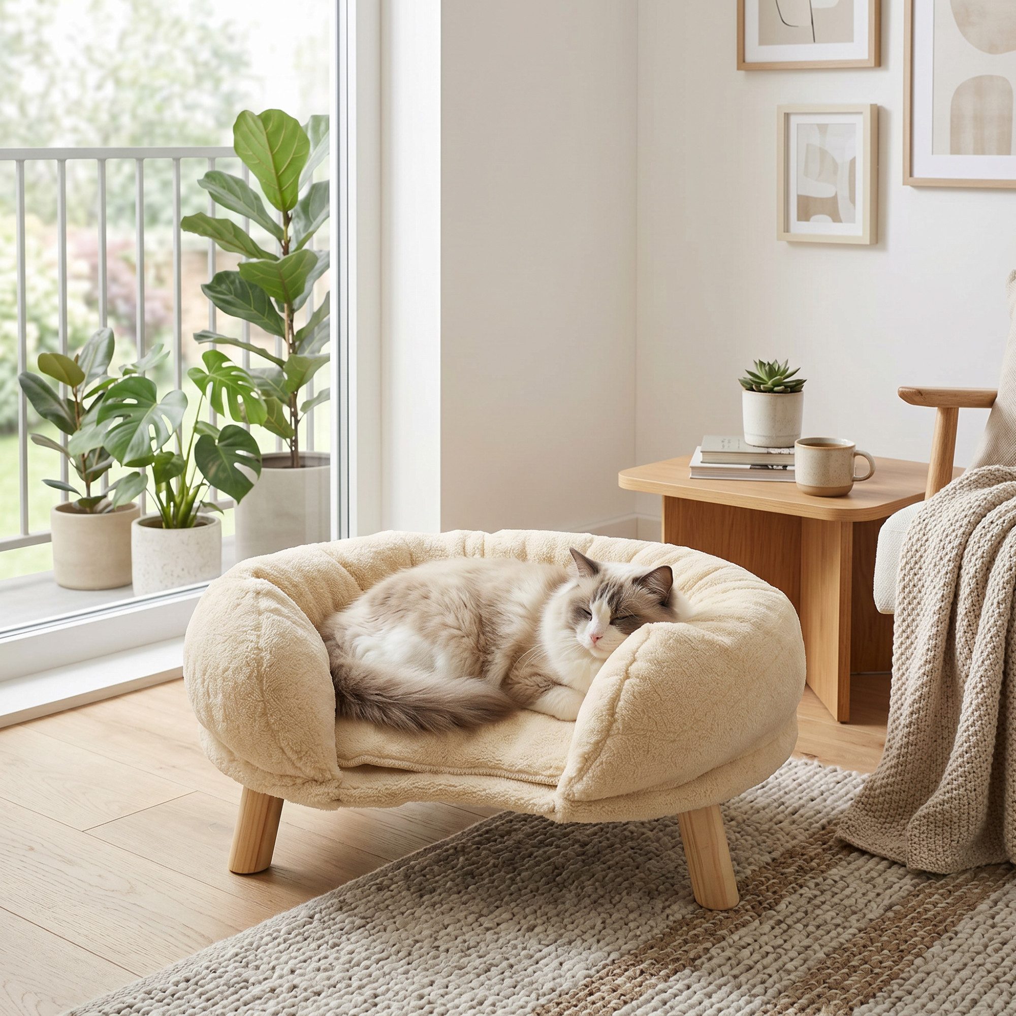 i@home Tierbett Katzensofa geräuschlose Konstruktion mit erhöhter Umrandung, Polyesterfaser, kompaktes Katzenbetten für Wohnung Wohnzimmer & Balkon 50×40×24 cm