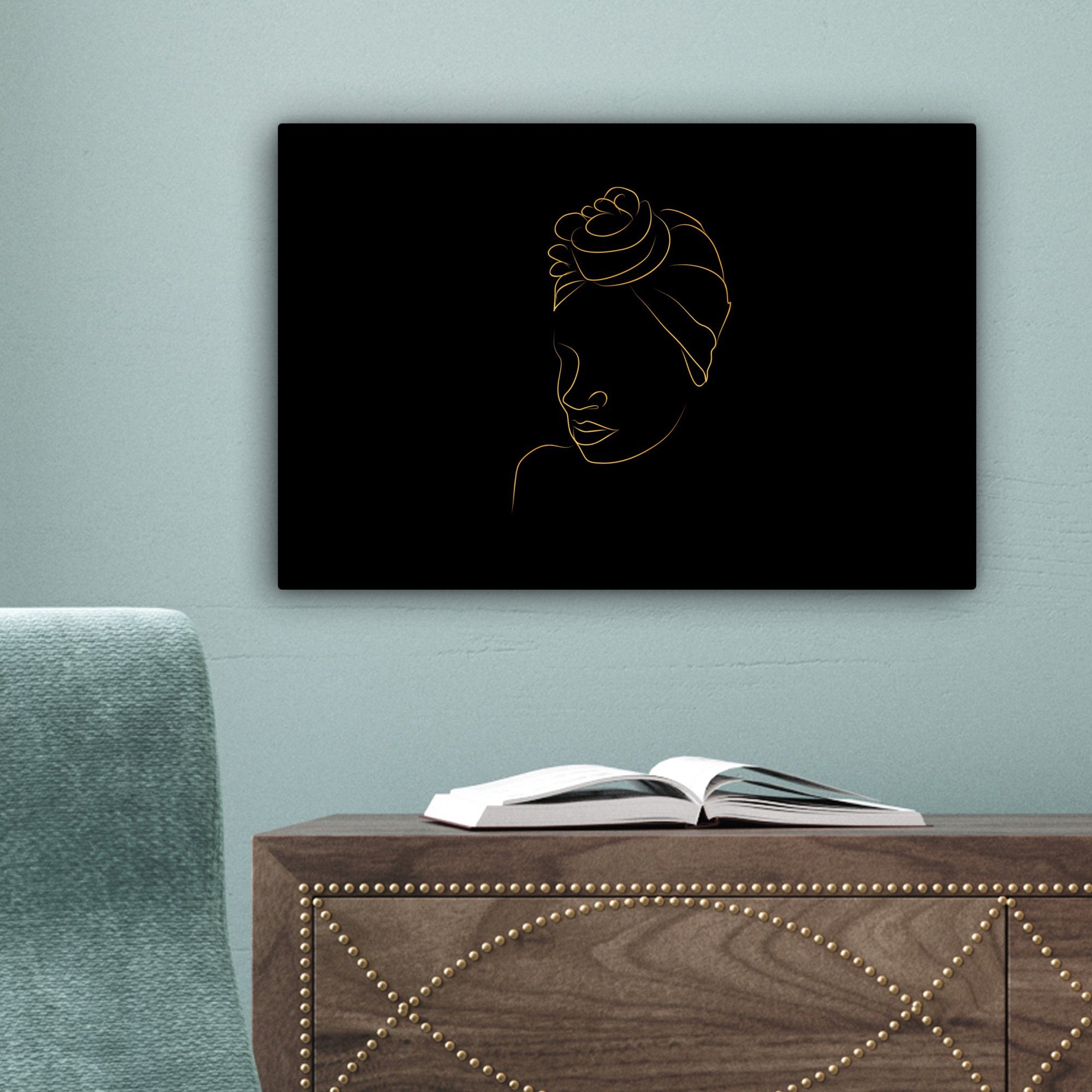 - Wandbild Gold Aufhängefertig, Wanddeko, (1 St), cm OneMillionCanvasses® - Leinwandbild - Leinwandbilder, Kopftuch Schwarz, 30x20 Frau